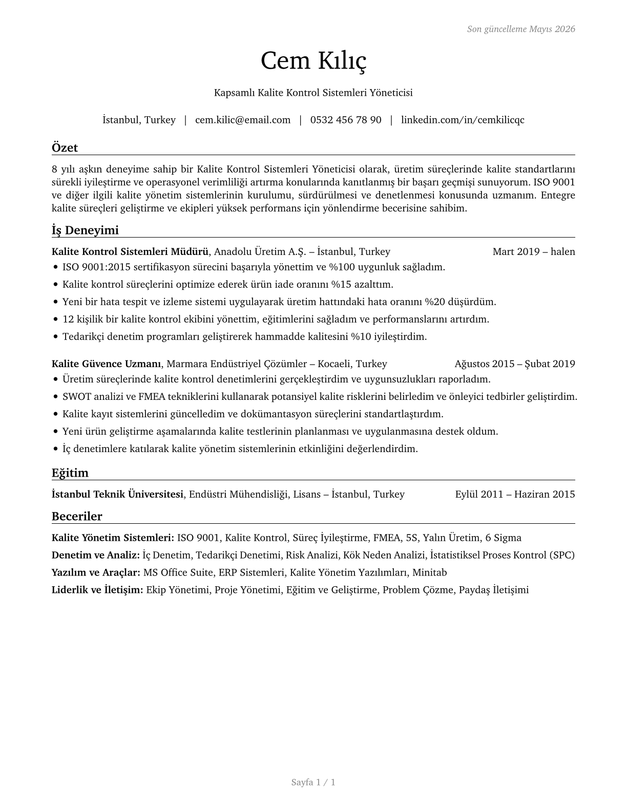 Quality Control Systems Managers CV in Turkish — page 1