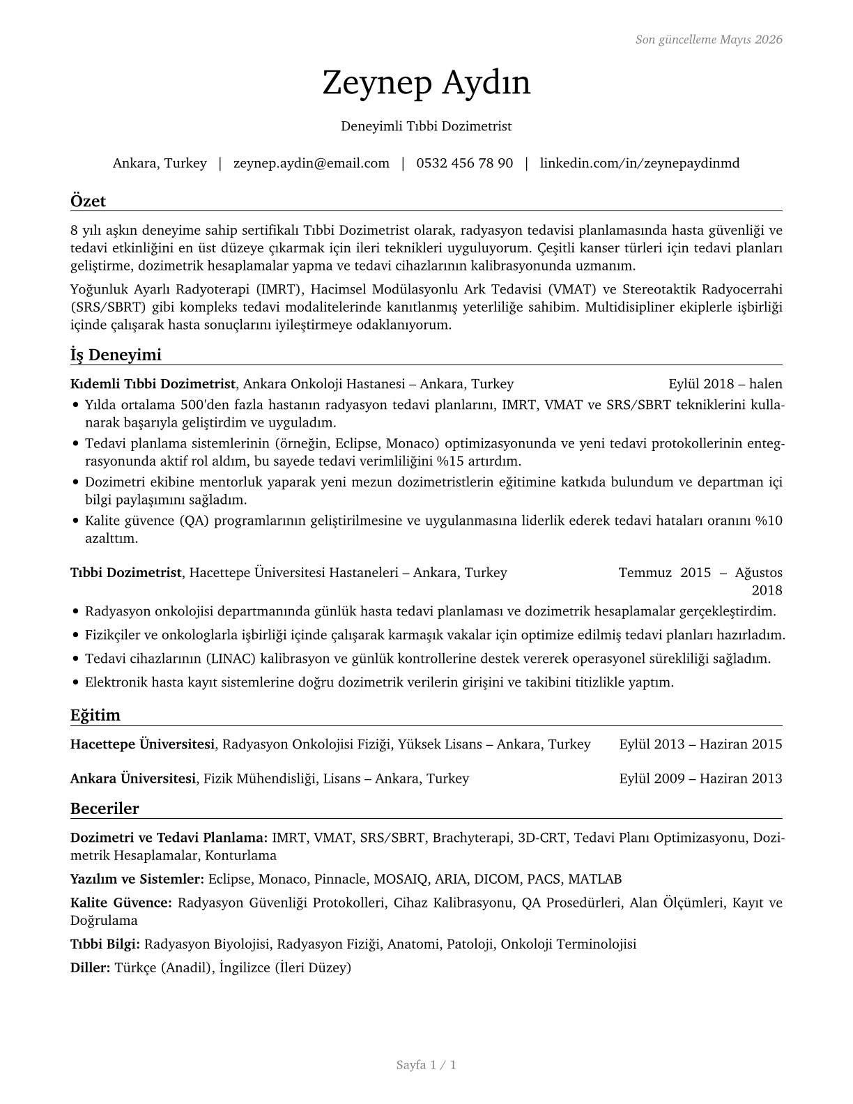 Medical Dosimetrists CV in Turkish — page 1