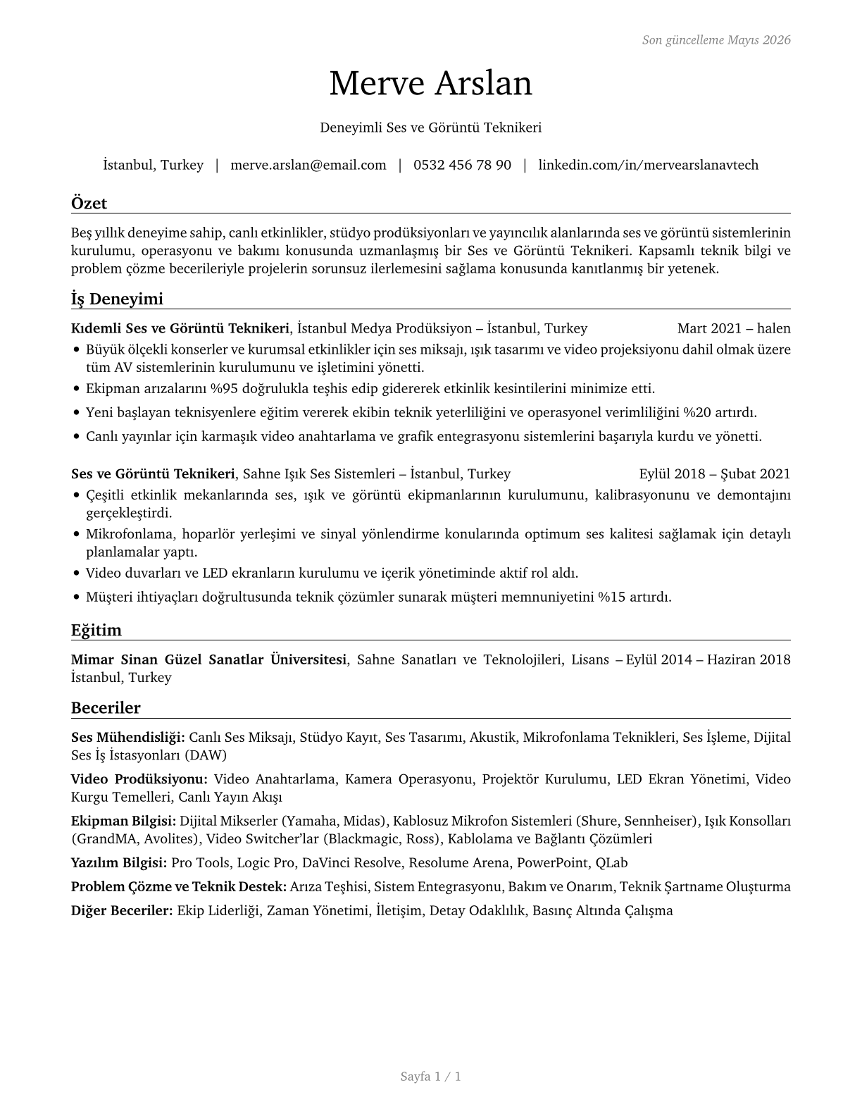 Audio and Video Technicians CV in Turkish — page 1