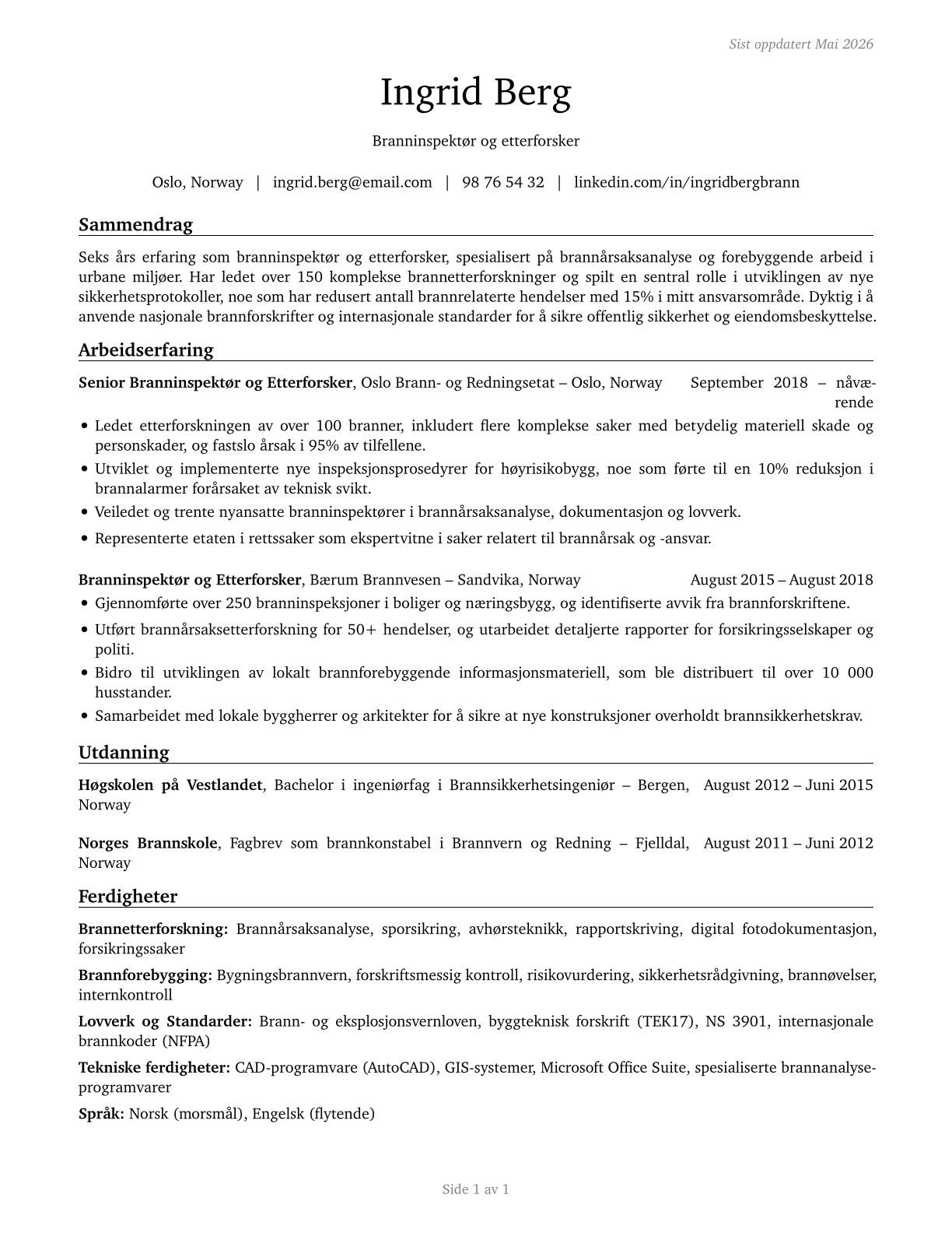 Fire Inspectors and Investigators CV in Norwegian_bokmal — page 1