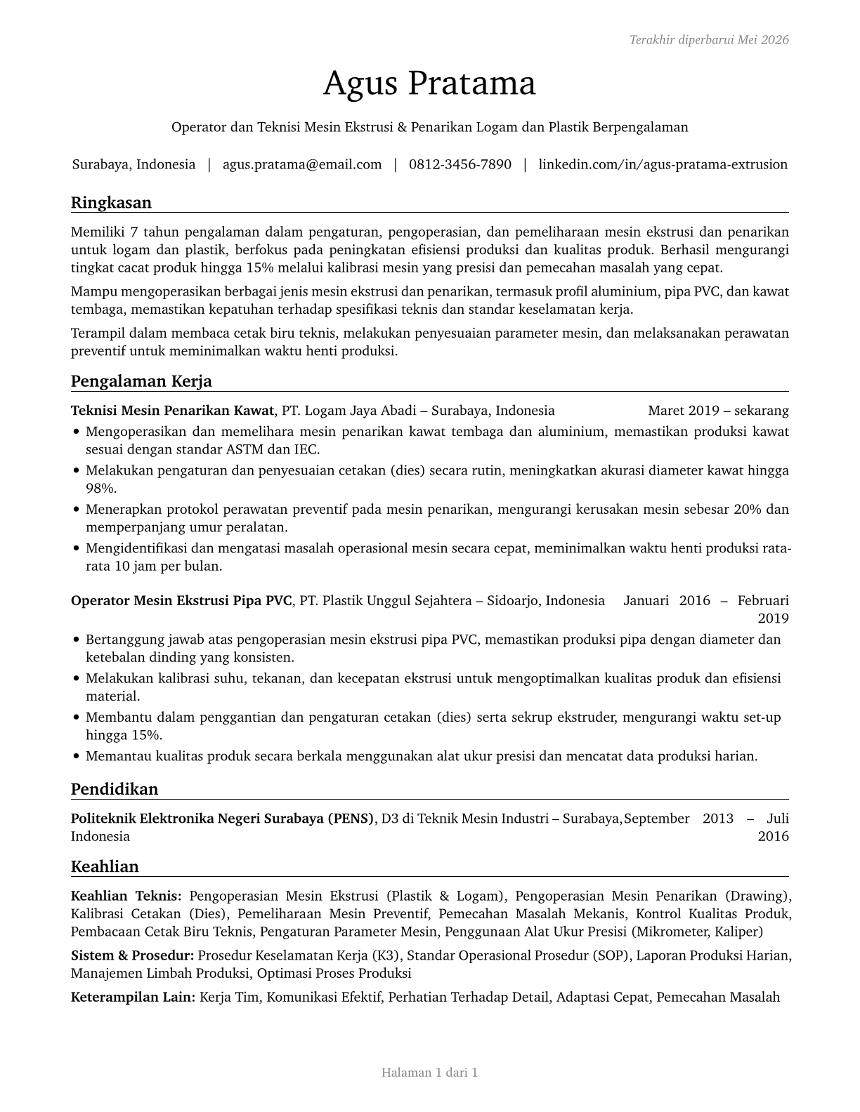 Extruding and Drawing Machine Setters, Operators, and Tenders, Metal and Plastic CV in Indonesian — page 1