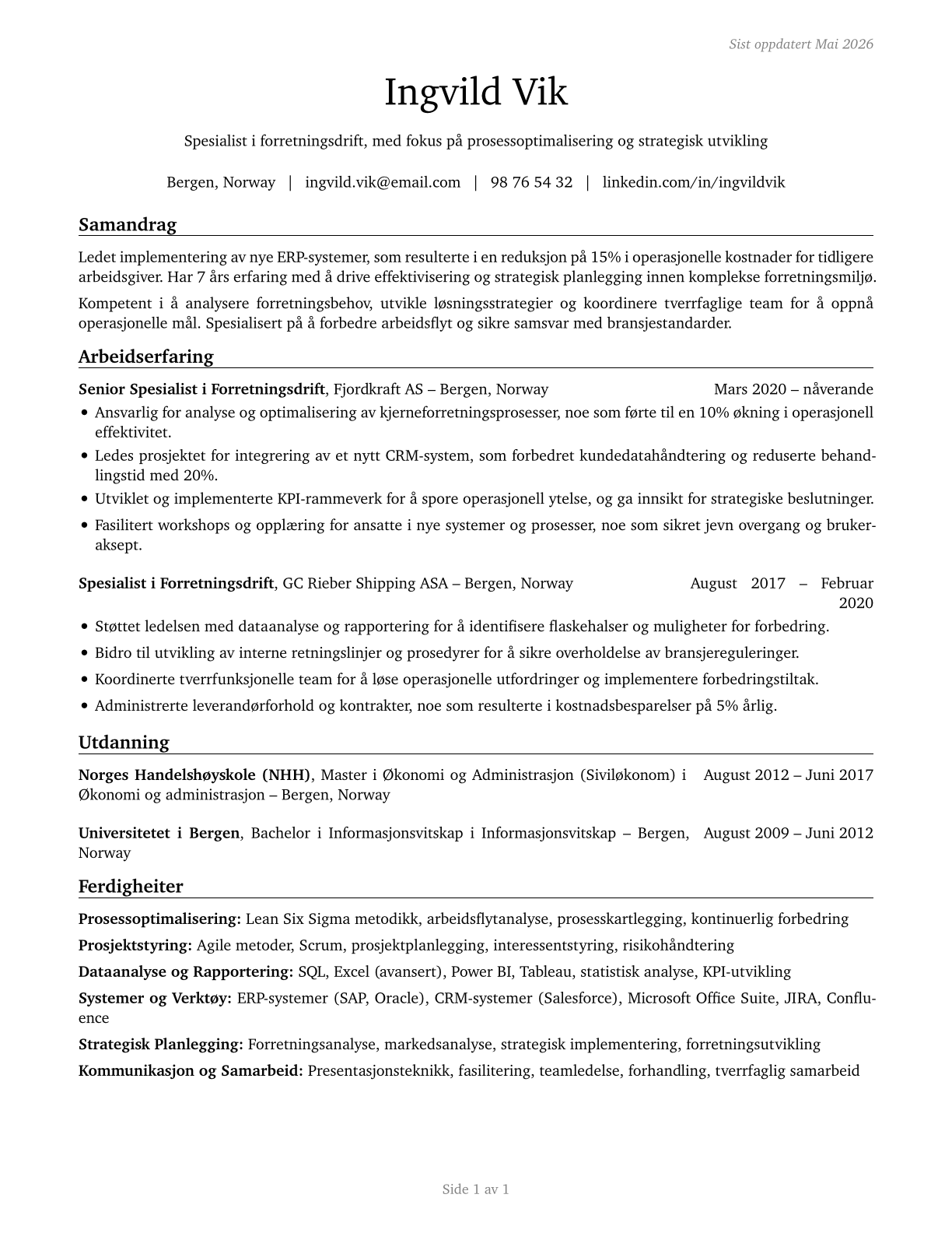 Business Operations Specialists, All Other CV in Norwegian_nynorsk — page 1