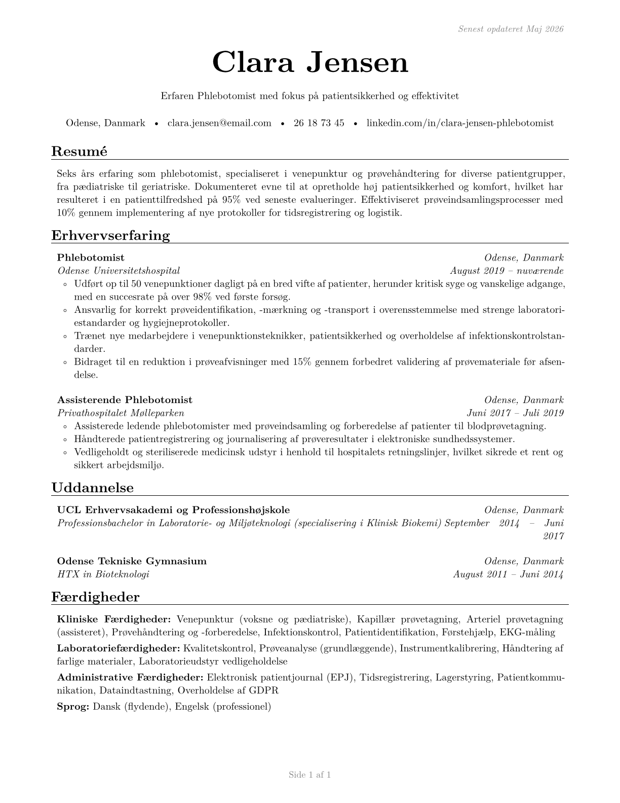 Phlebotomists CV in Danish — page 1