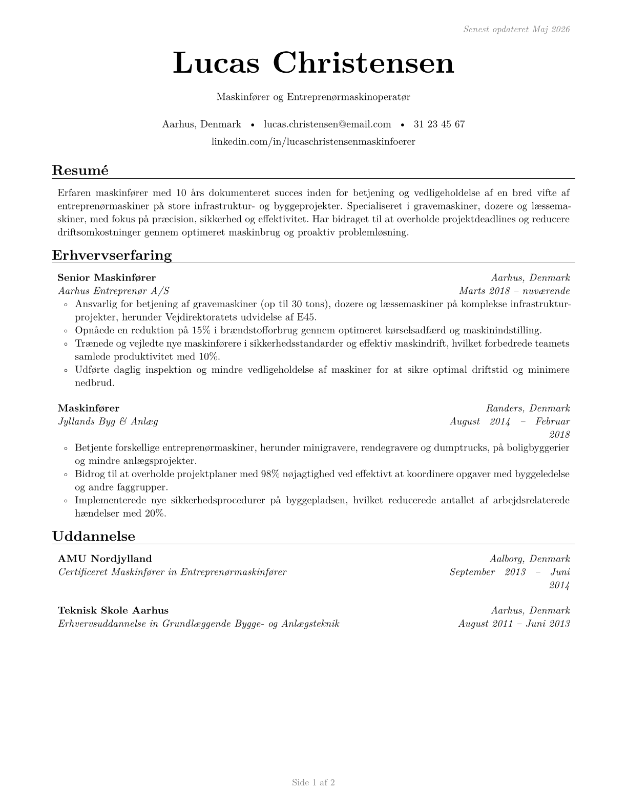 Operating Engineers and Other Construction Equipment Operators CV in Danish — page 1