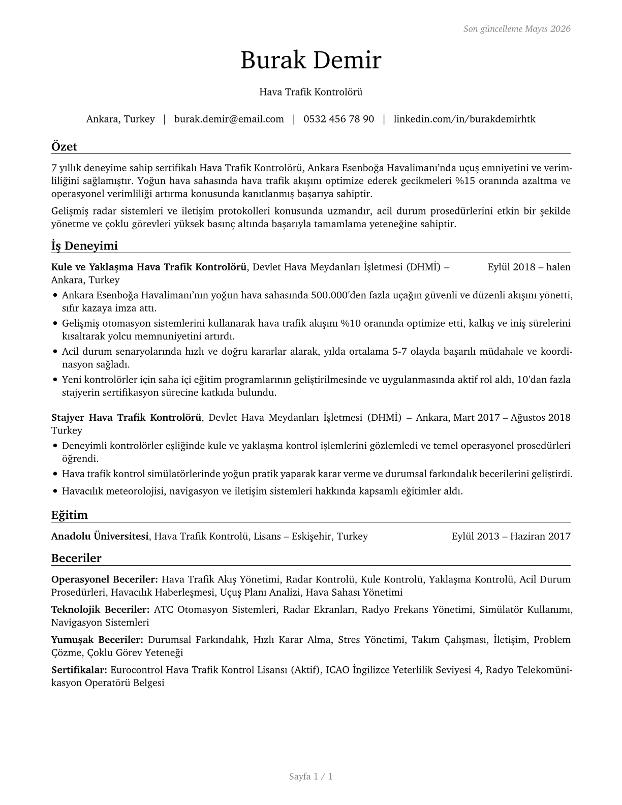 Air Traffic Controllers CV in Turkish — page 1