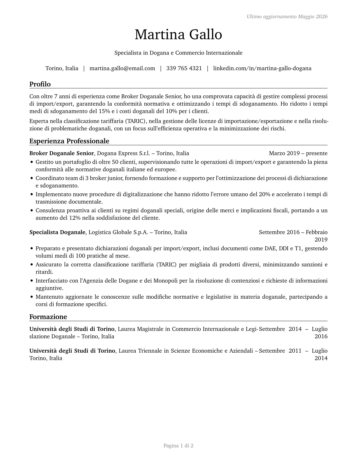 Customs Brokers CV in Italian — page 1