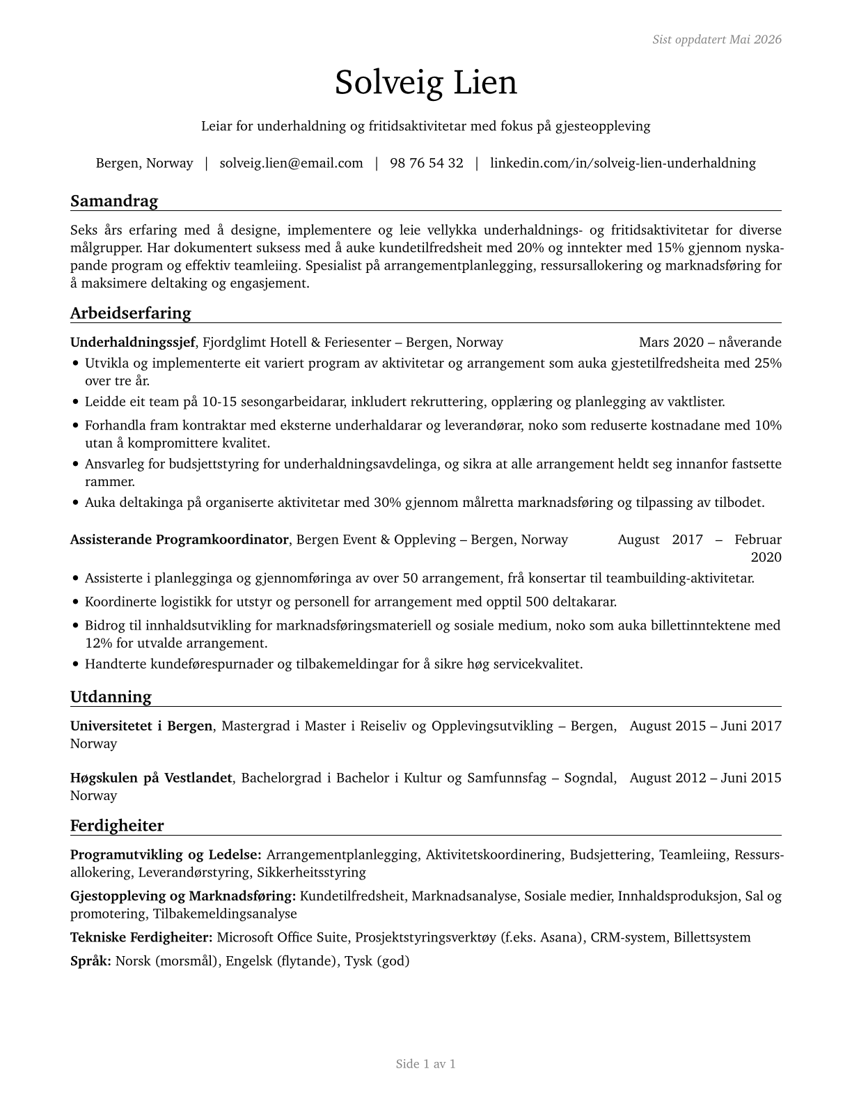 Entertainment and Recreation Managers, Except Gambling CV in Norwegian_nynorsk — page 1