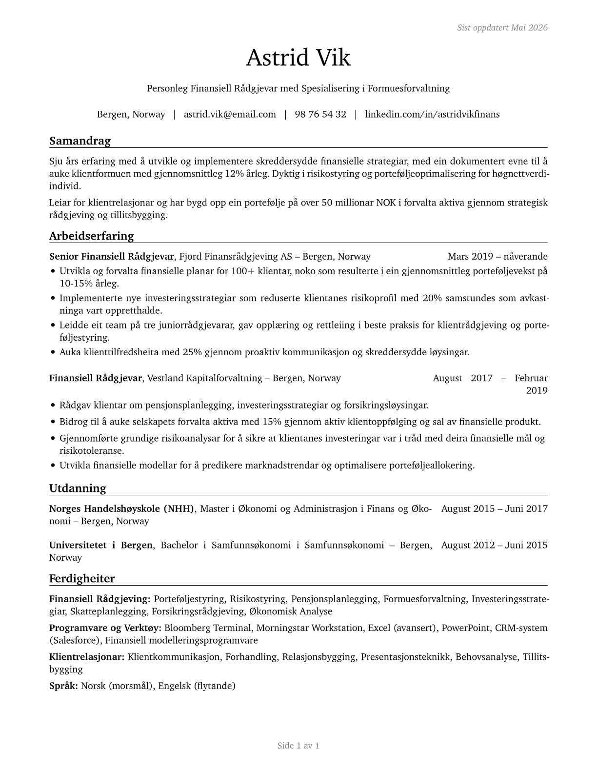 Personal Financial Advisors CV in Norwegian_nynorsk — page 1