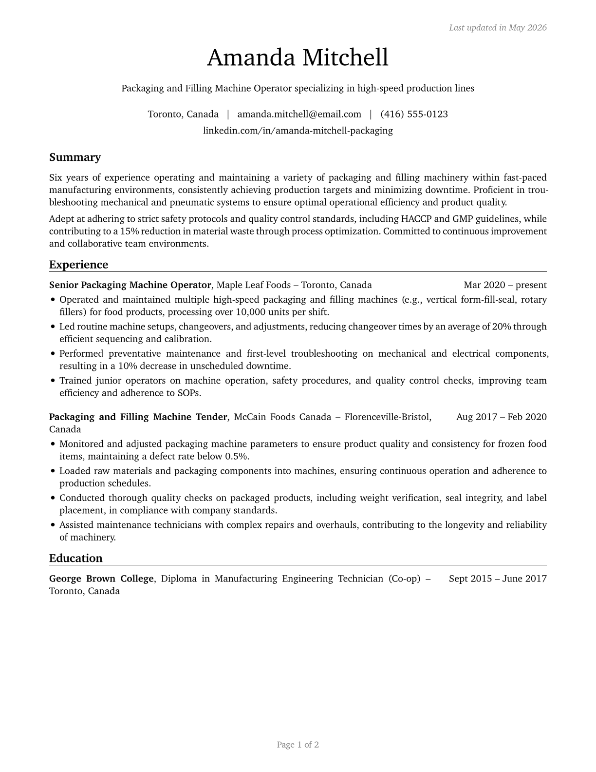 Packaging and Filling Machine Operators and Tenders CV in English — page 1
