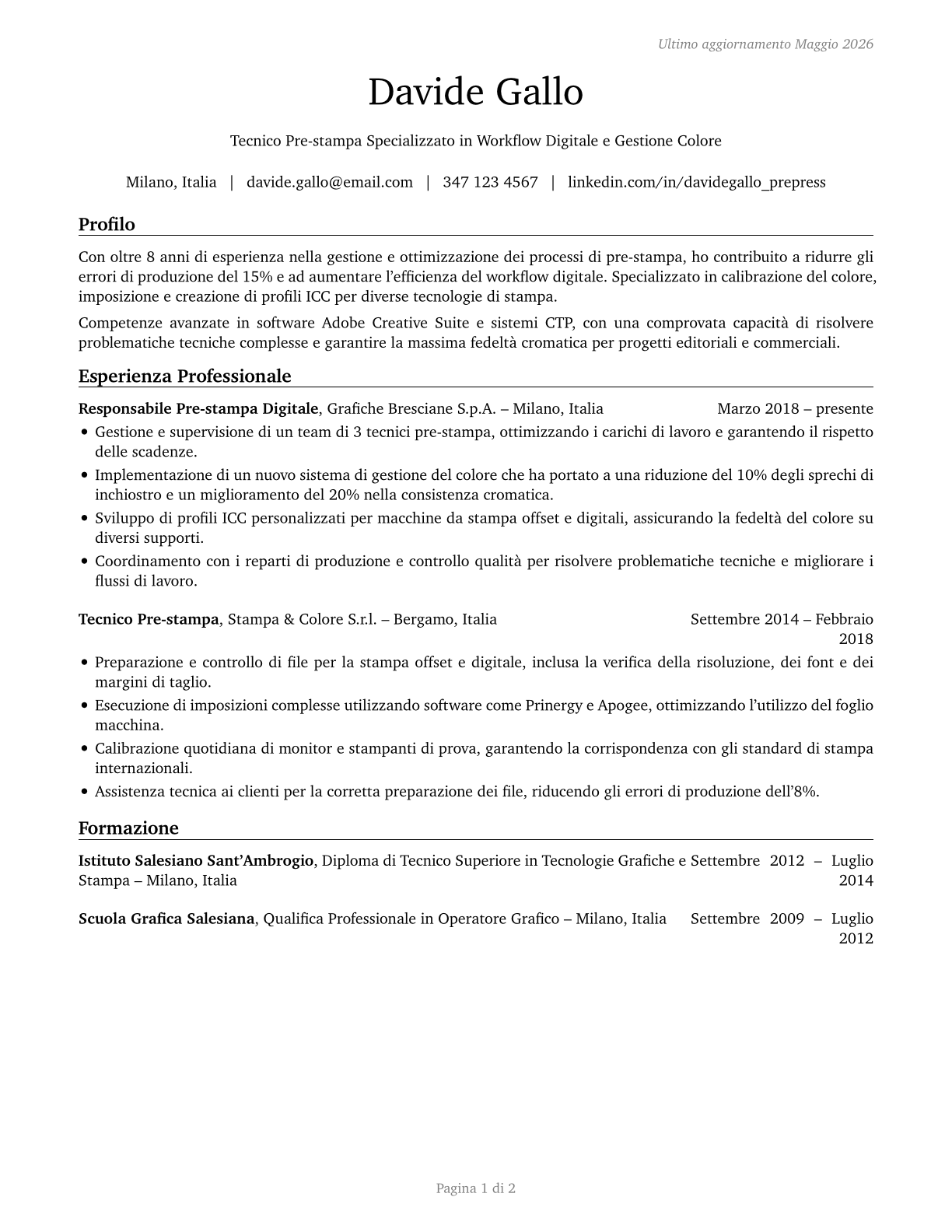 Prepress Technicians and Workers CV in Italian — page 1