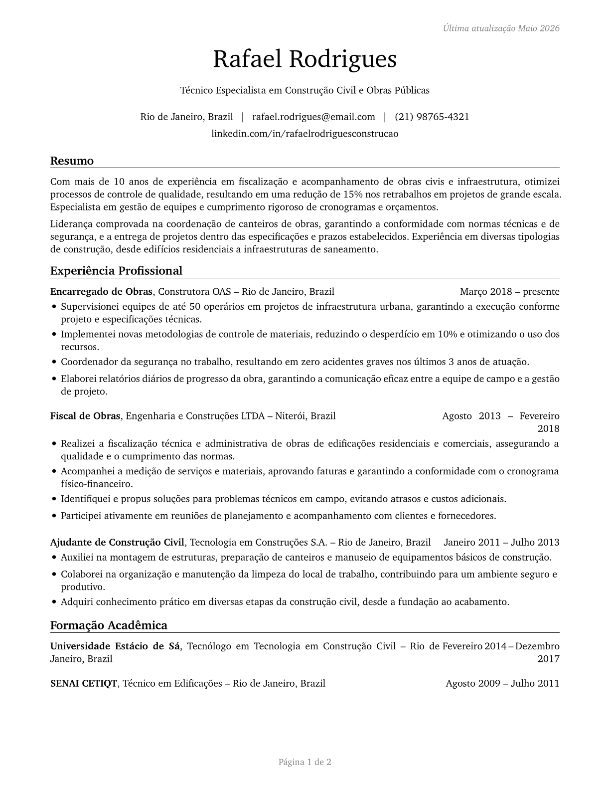 Construction and Related Workers, All Other CV in Portuguese — page 1