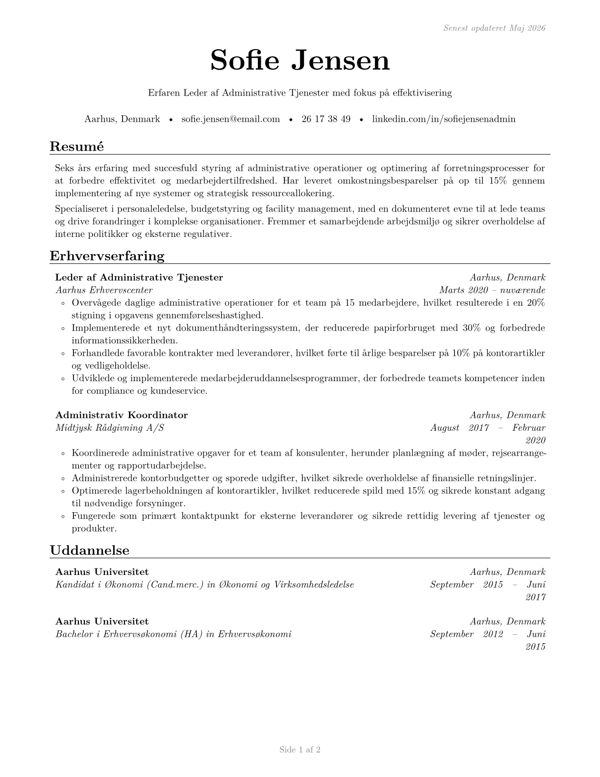 Administrative Services Managers CV in Danish — page 1