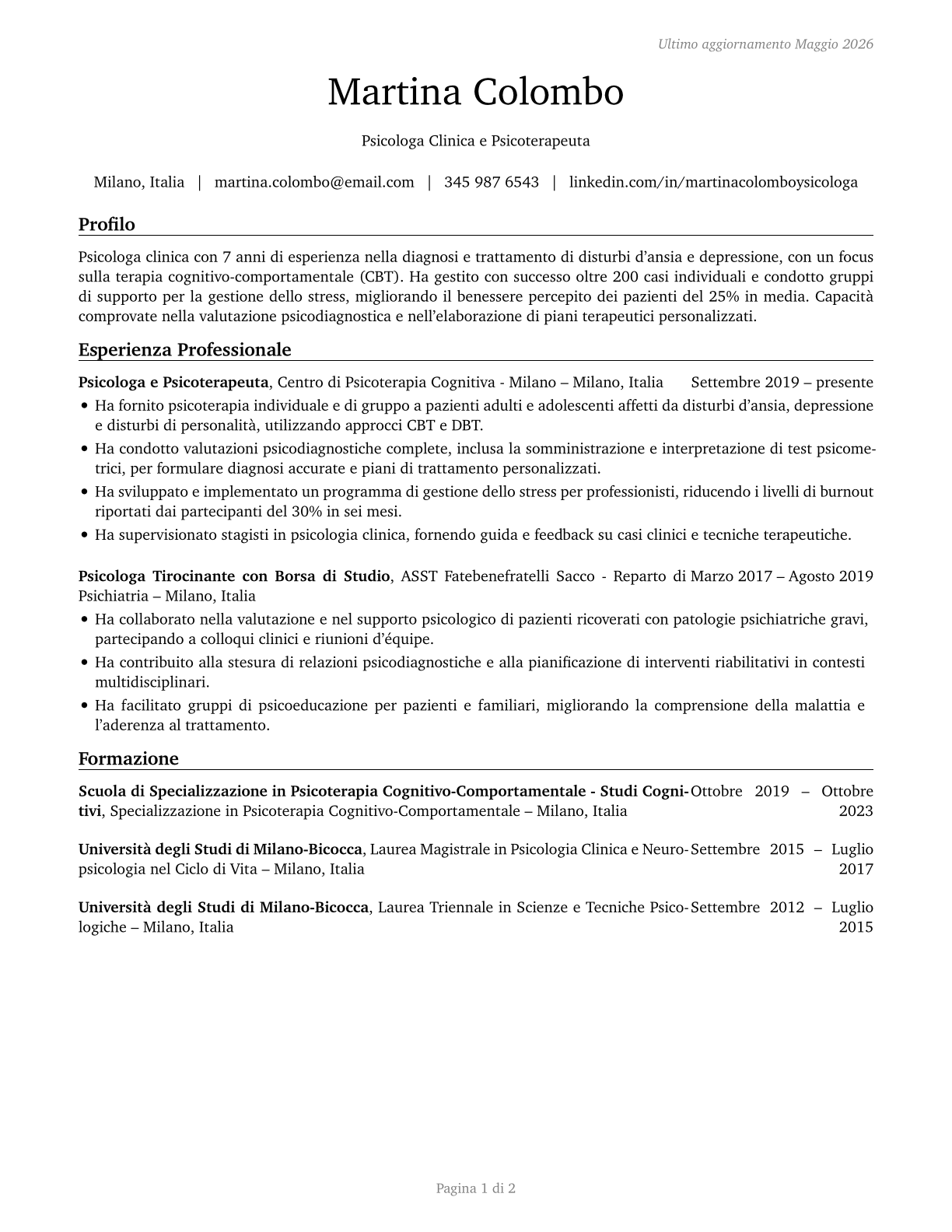 Psychologists, All Other CV in Italian — page 1