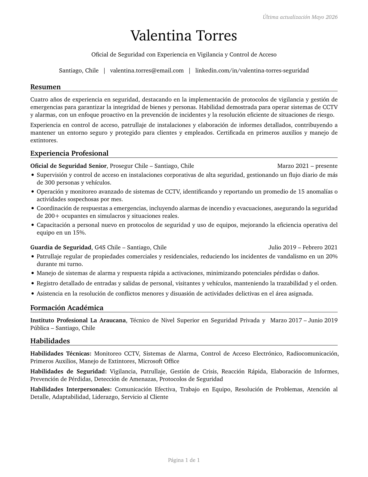Security Guards CV in Spanish — page 1