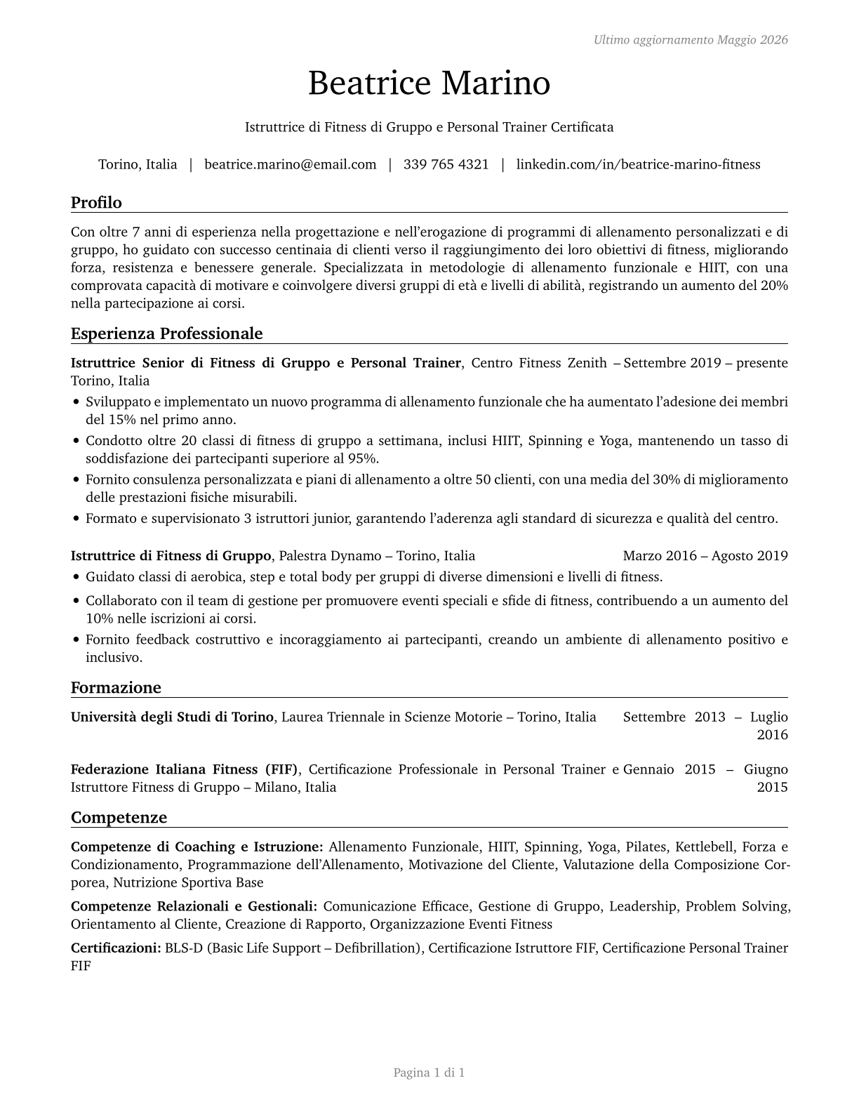 Exercise Trainers and Group Fitness Instructors CV in Italian — page 1