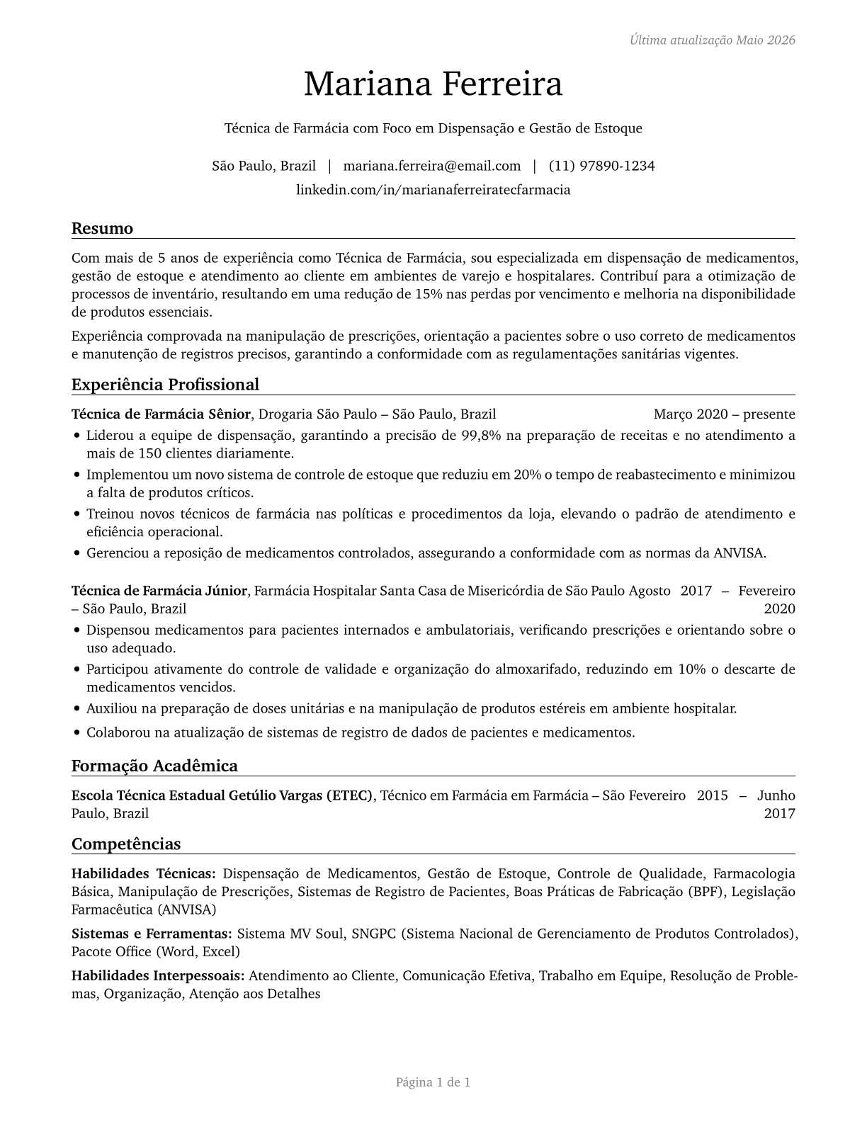 Pharmacy Technicians CV in Portuguese — page 1