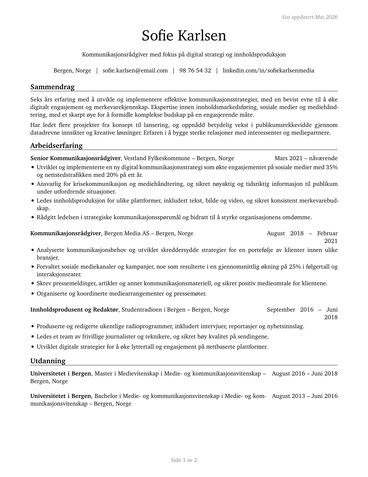 Media and Communication Workers, All Other CV in Norwegian_bokmal — page 1