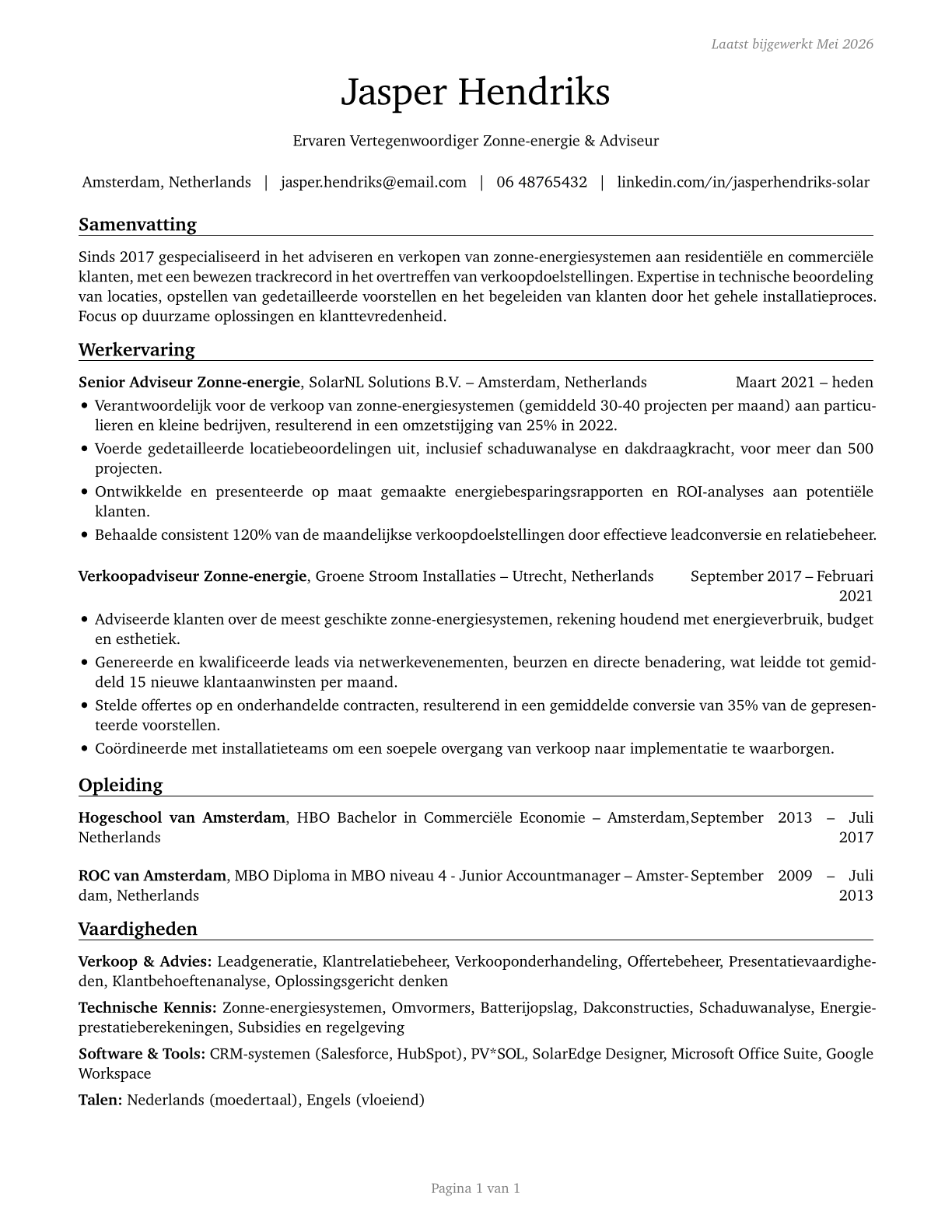 Solar Sales Representatives and Assessors CV in Dutch — page 1