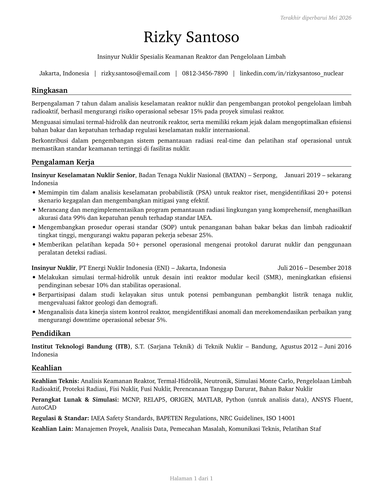 Nuclear Engineers CV in Indonesian — page 1