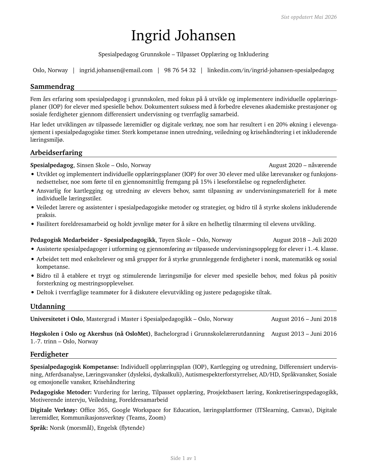 Special Education Teachers, Elementary School CV in Norwegian_bokmal — page 1