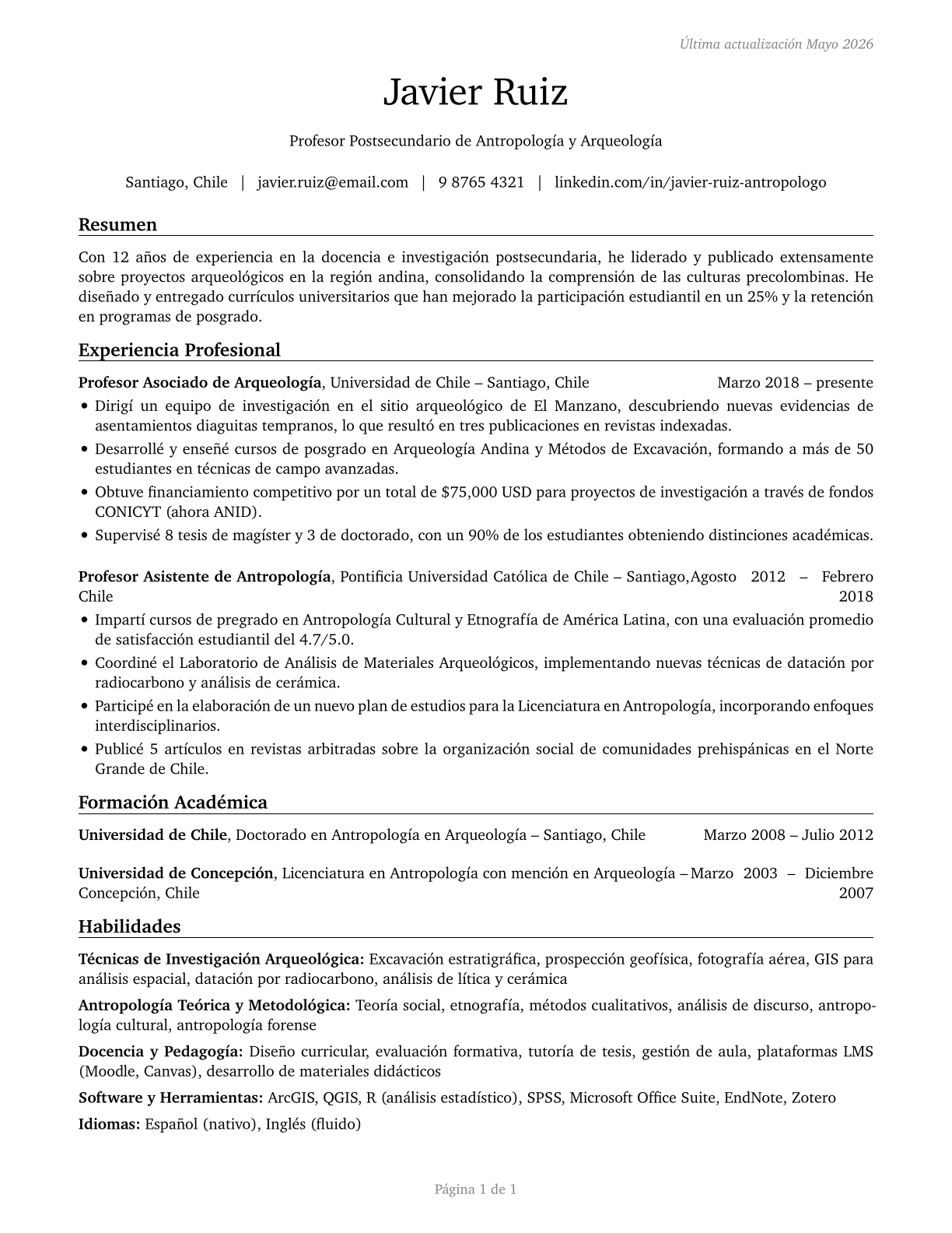 Anthropology and Archeology Teachers, Postsecondary CV in Spanish — page 1