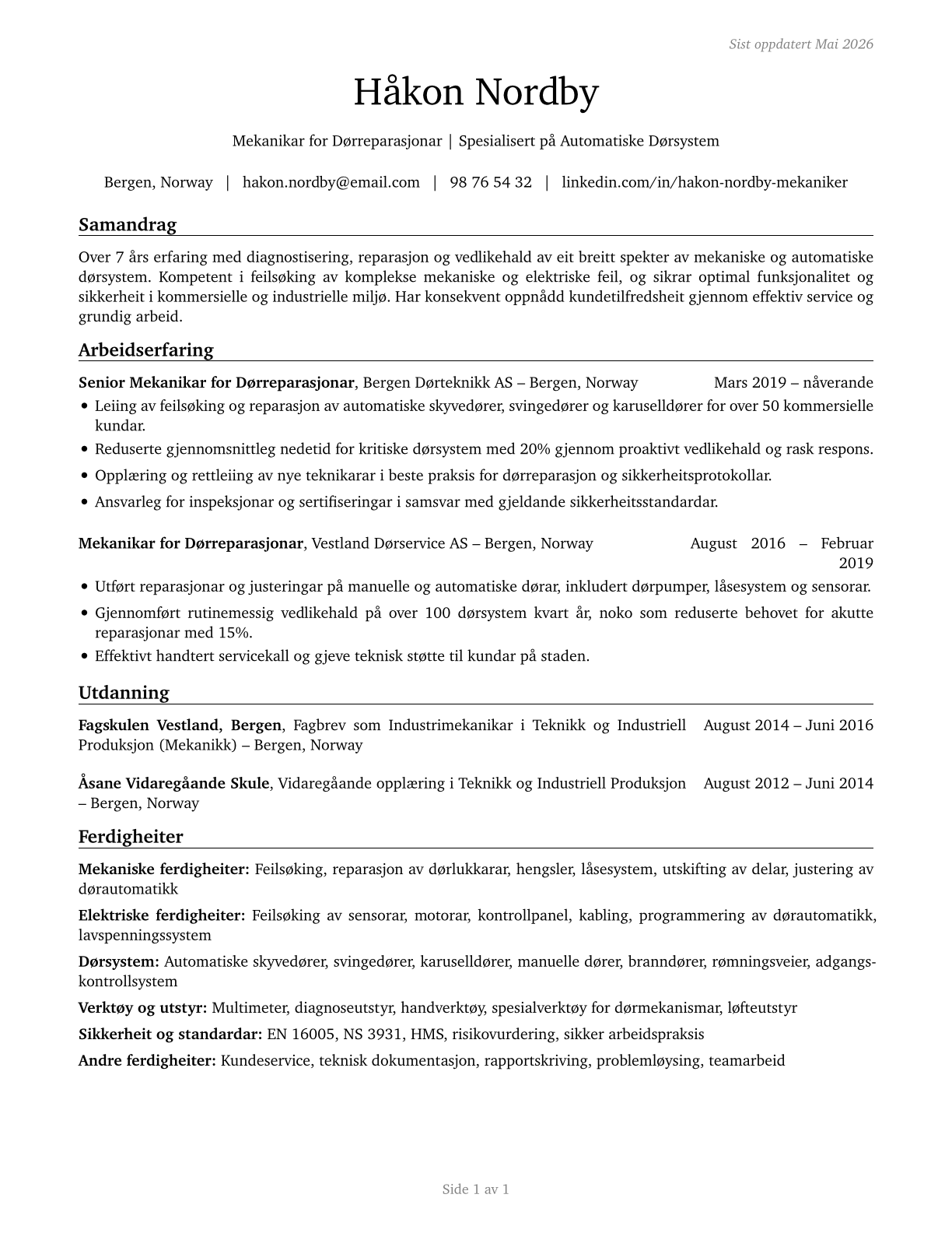 Mechanical Door Repairers CV in Norwegian_nynorsk — page 1