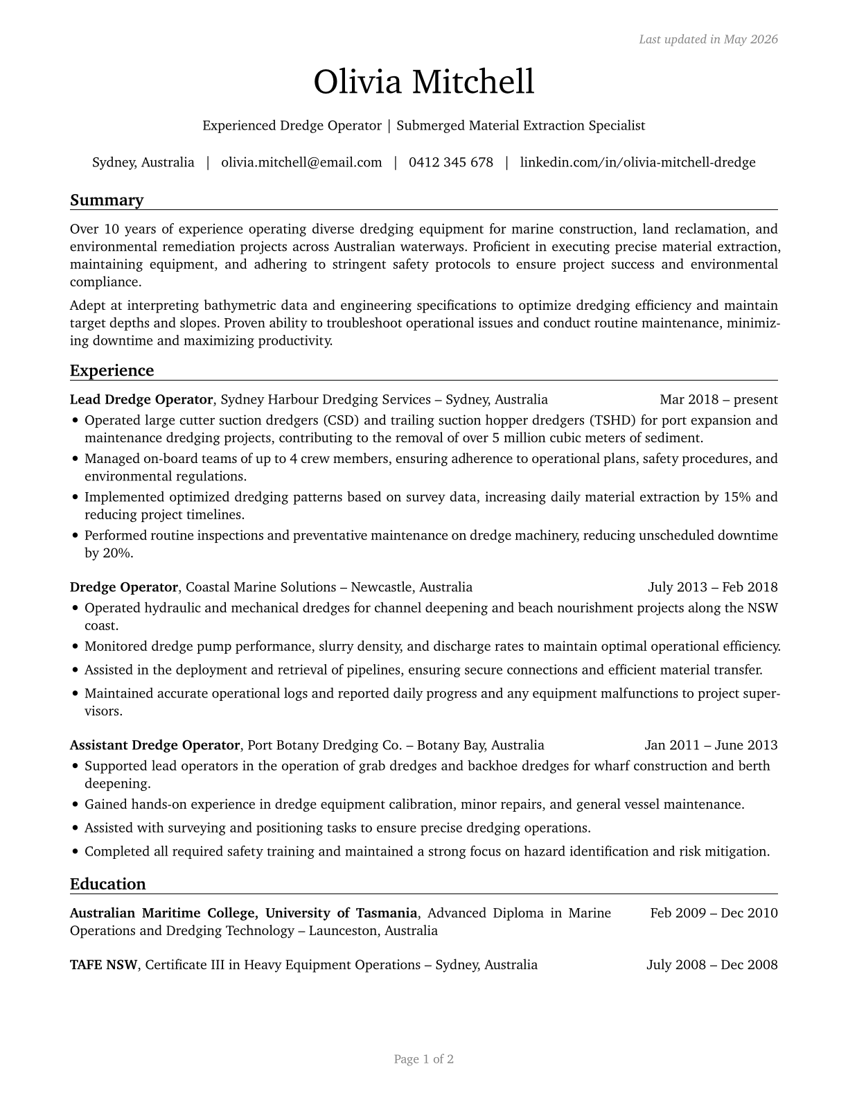 Dredge Operators CV in English — page 1