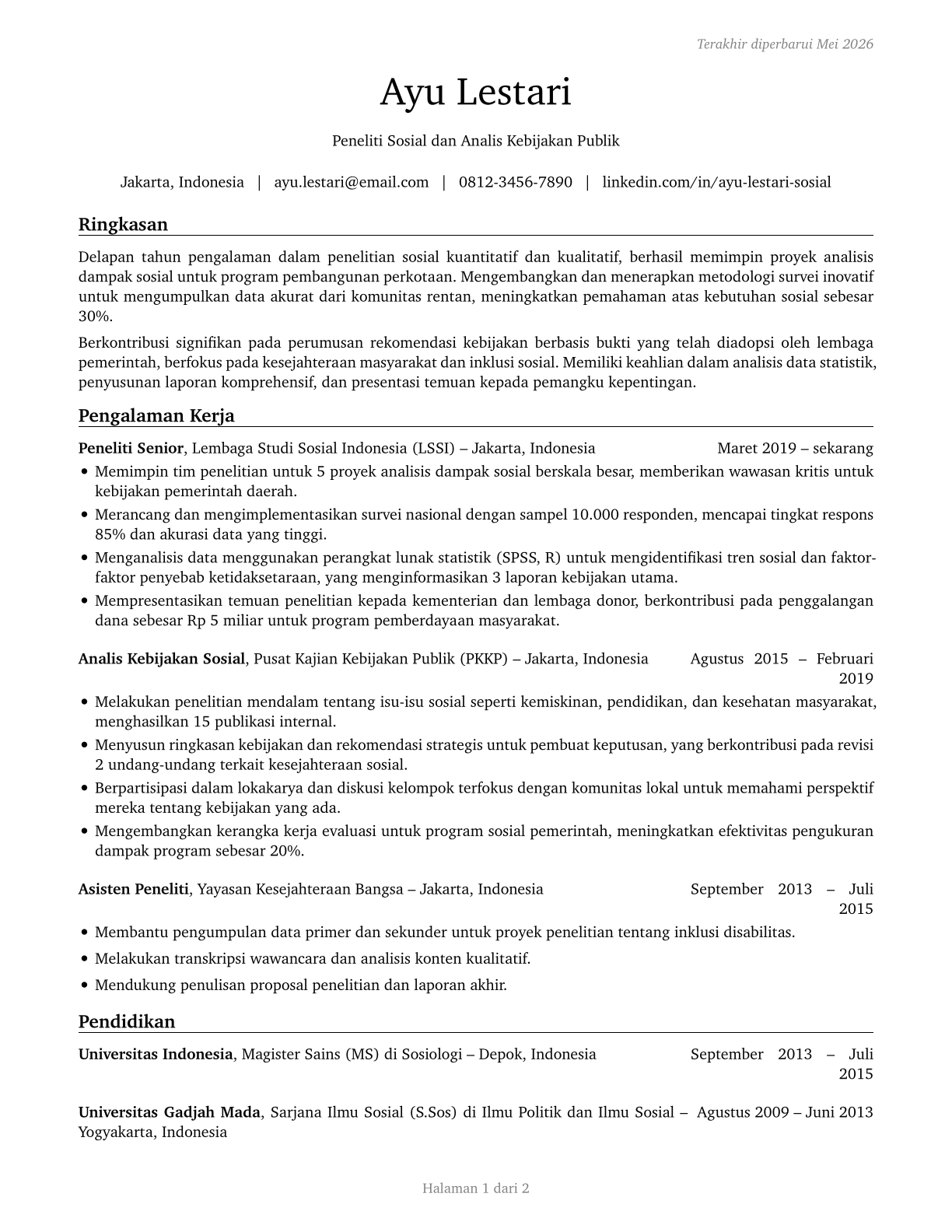 Social Scientists and Related Workers, All Other CV in Indonesian — page 1