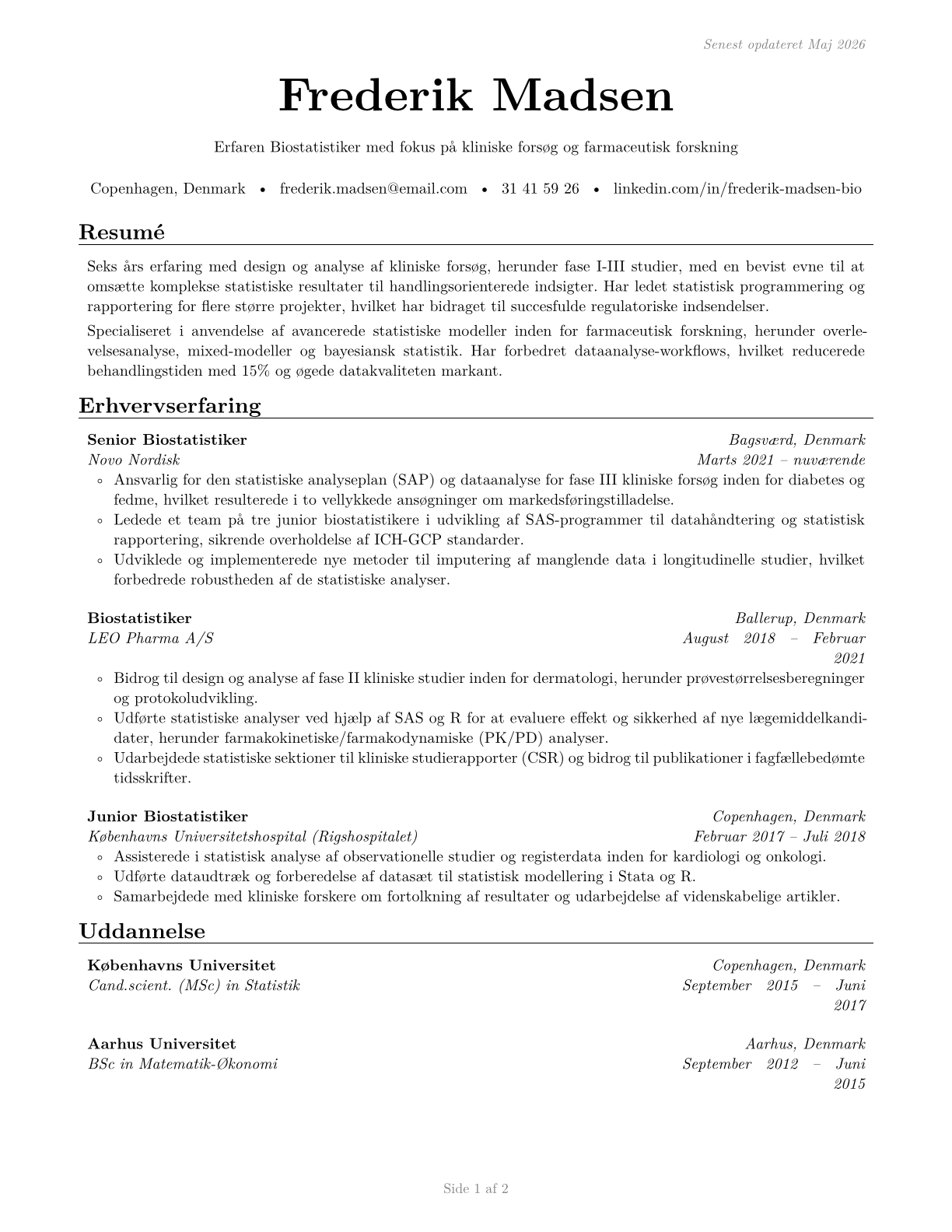 Biostatisticians CV in Danish — page 1