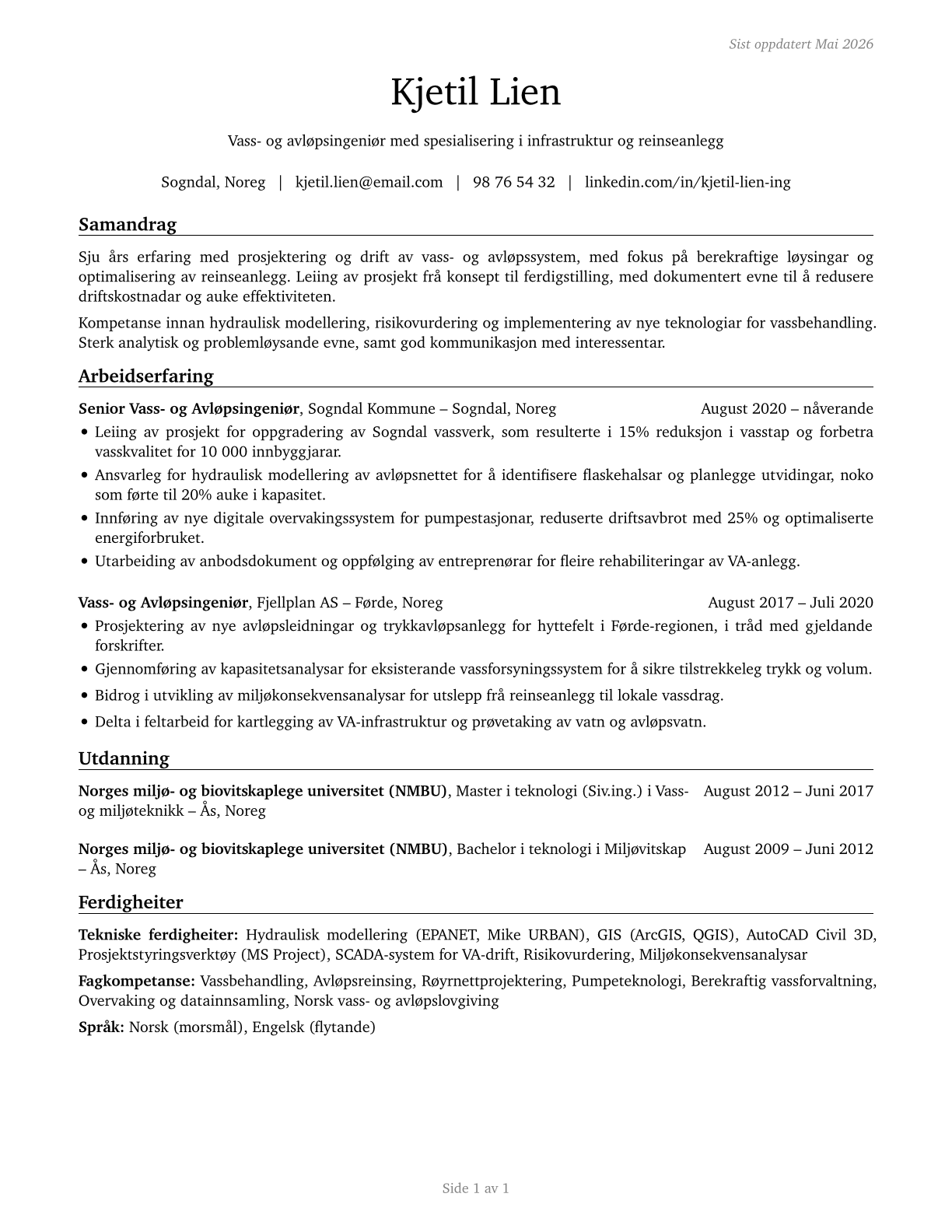 Water/Wastewater Engineers CV in Norwegian_nynorsk — page 1