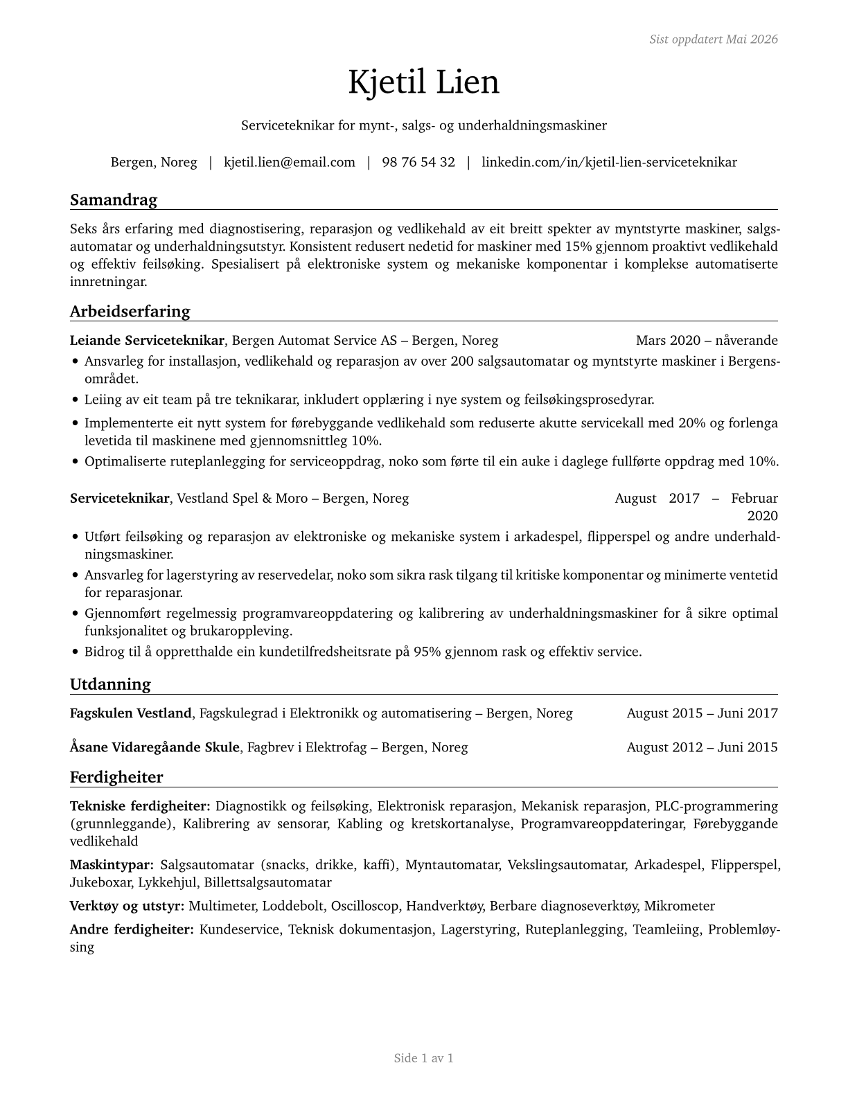 Coin, Vending, and Amusement Machine Servicers and Repairers CV in Norwegian_nynorsk — page 1