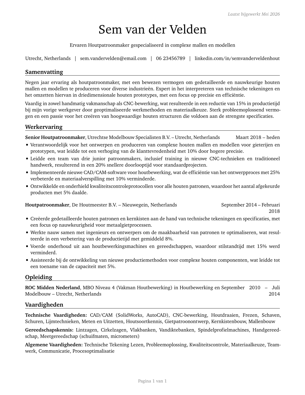 Patternmakers, Wood CV in Dutch — page 1