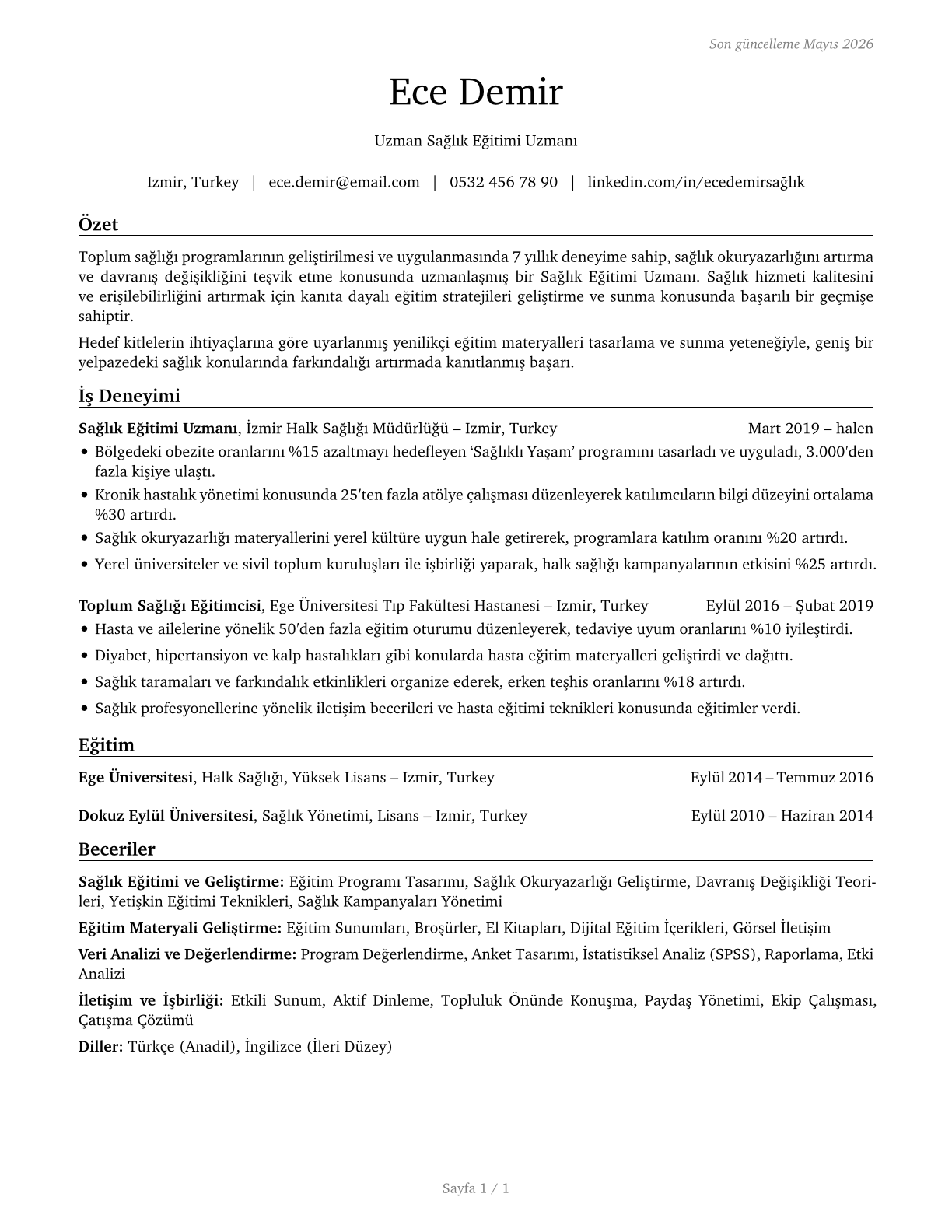 Health Education Specialists CV in Turkish — page 1