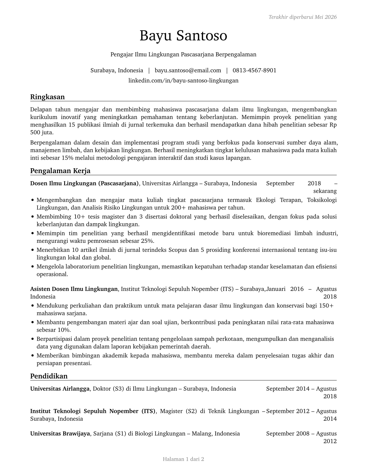 Environmental Science Teachers, Postsecondary CV in Indonesian — page 1