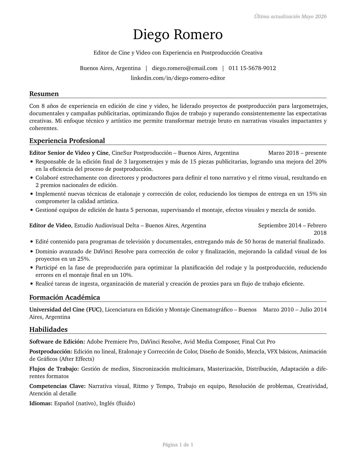 Film and Video Editors CV in Spanish — page 1