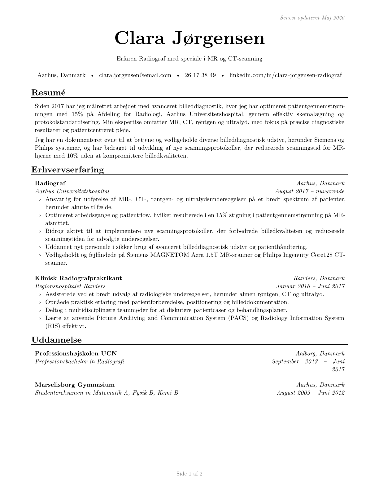 Radiologic Technologists and Technicians CV in Danish — page 1