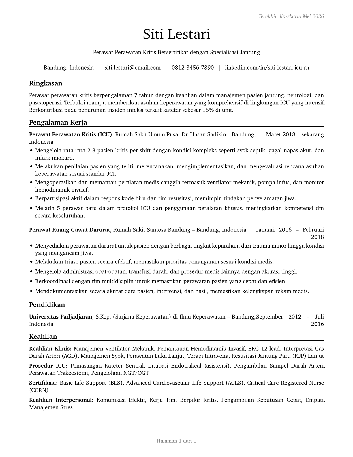 Critical Care Nurses CV in Indonesian — page 1
