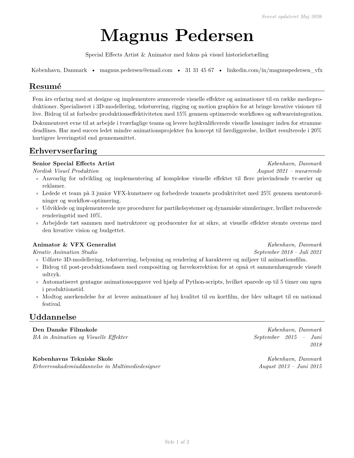 Special Effects Artists and Animators CV in Danish — page 1