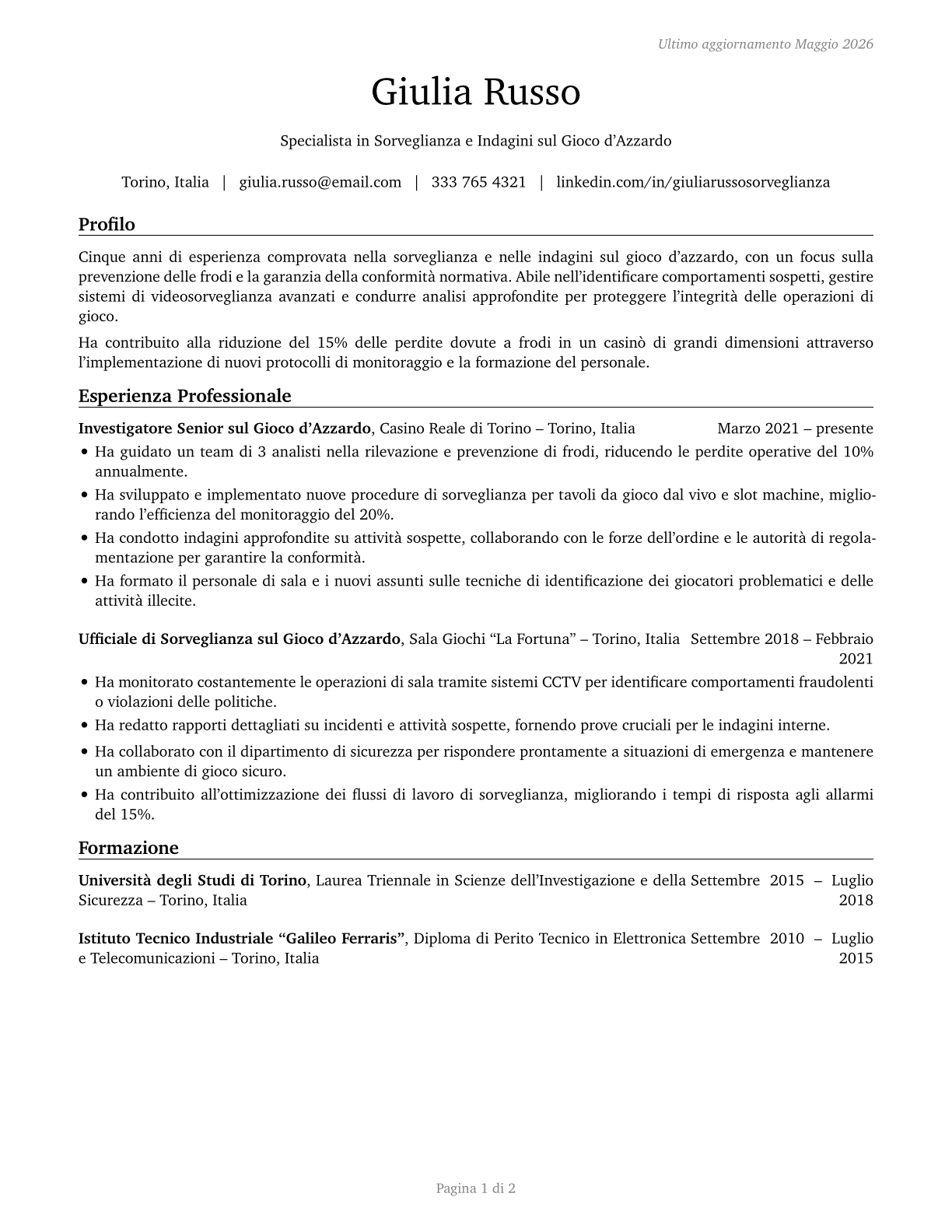 Gambling Surveillance Officers and Gambling Investigators CV in Italian — page 1