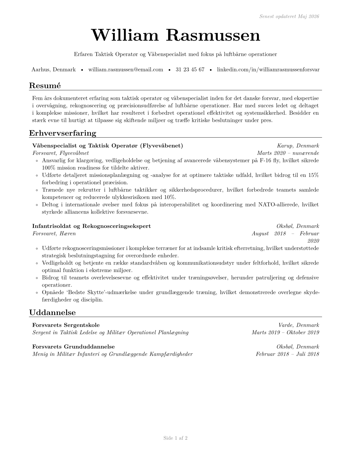 Military Enlisted Tactical Operations and Air/Weapons Specialists and Crew Members, All Other CV in Danish — page 1