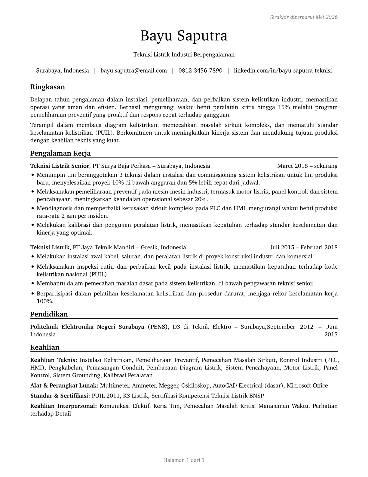 Electricians CV in Indonesian — page 1