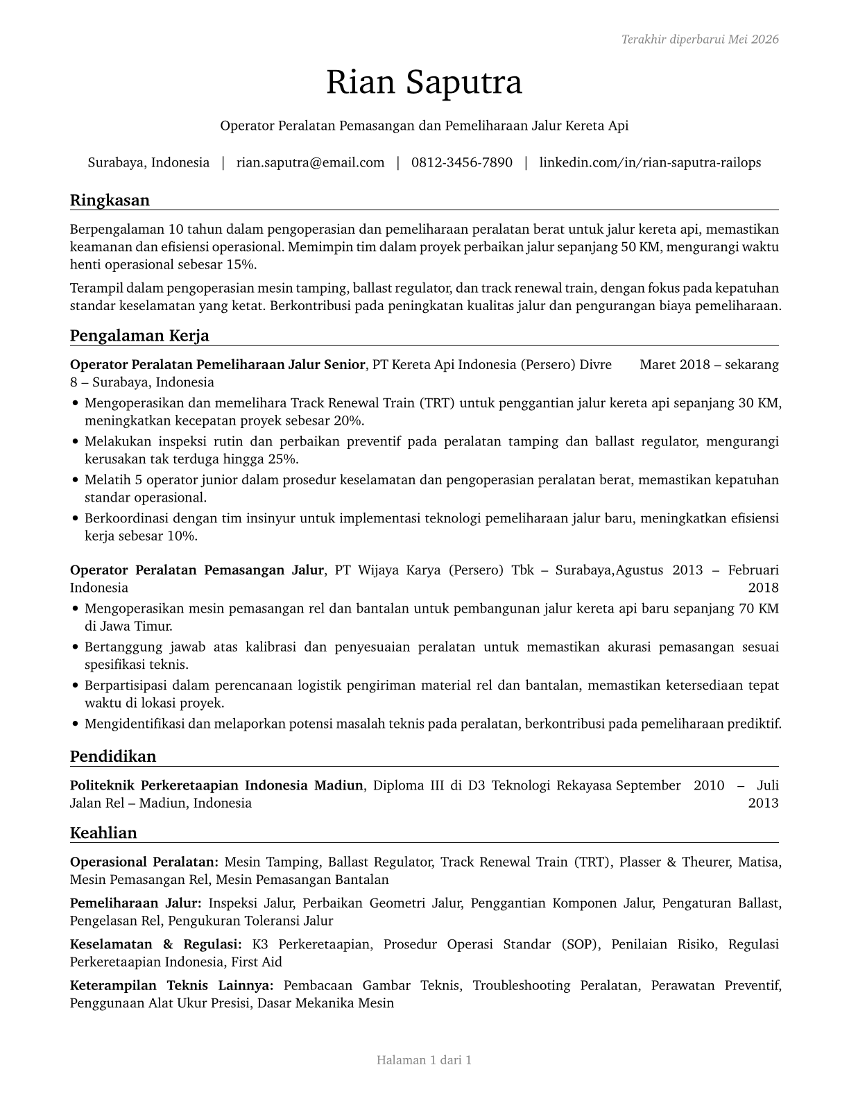 Rail-Track Laying and Maintenance Equipment Operators CV in Indonesian — page 1
