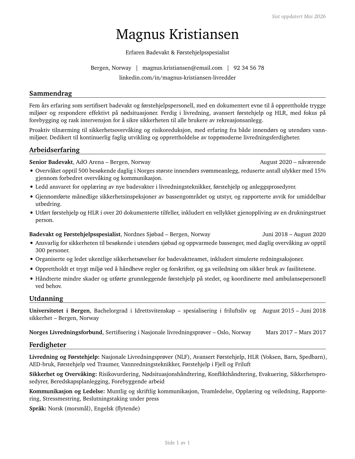 Lifeguards, Ski Patrol, and Other Recreational Protective Service Workers CV in Norwegian_bokmal — page 1