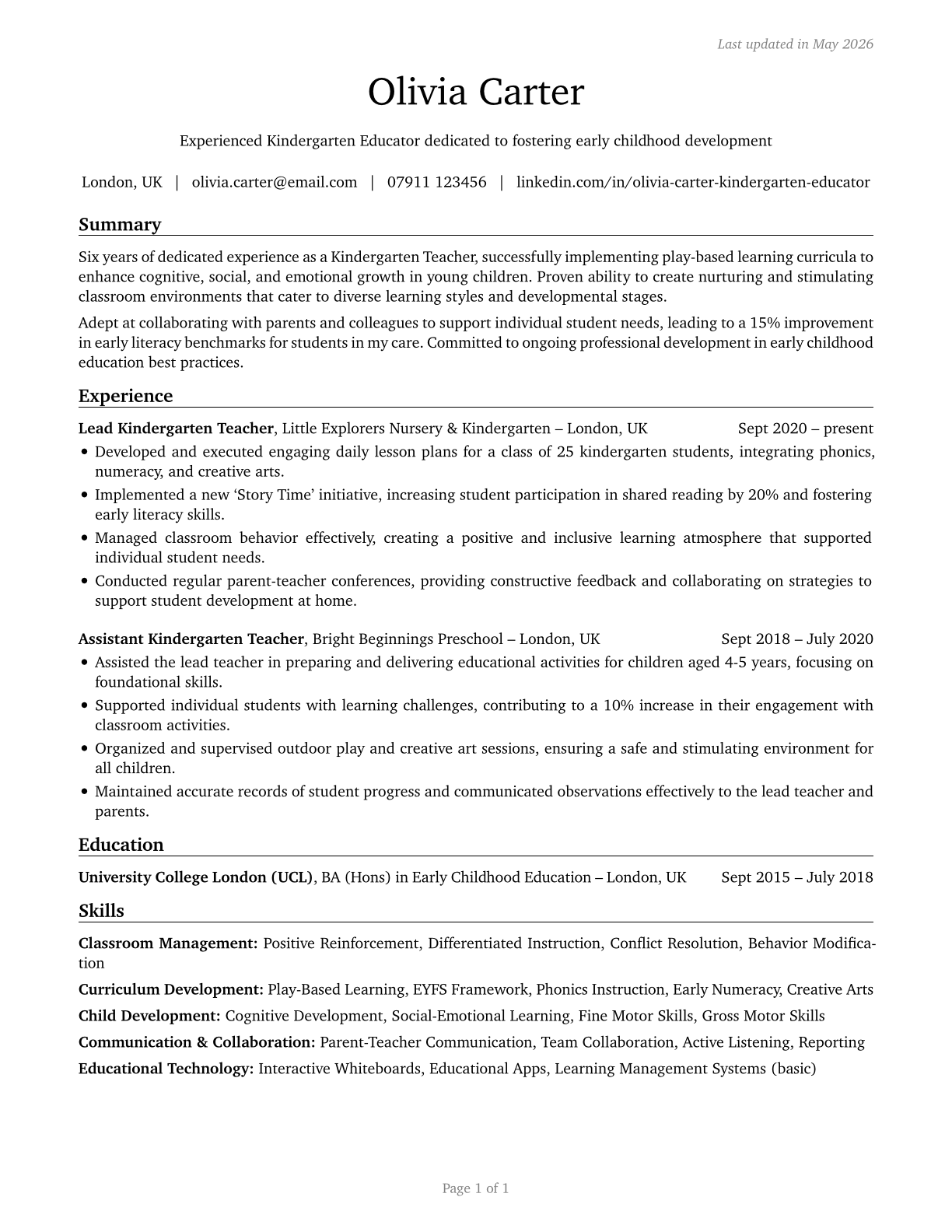 Kindergarten Teachers, Except Special Education CV in English — page 1