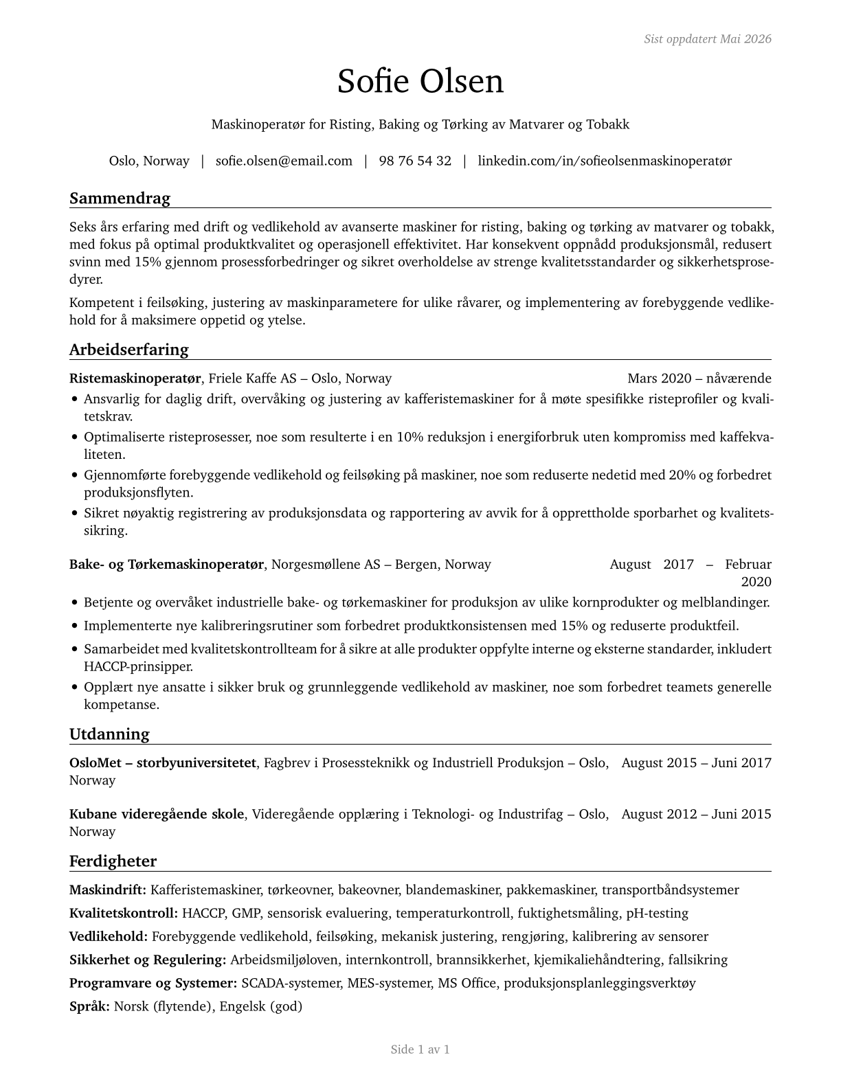 Food and Tobacco Roasting, Baking, and Drying Machine Operators and Tenders CV in Norwegian_bokmal — page 1