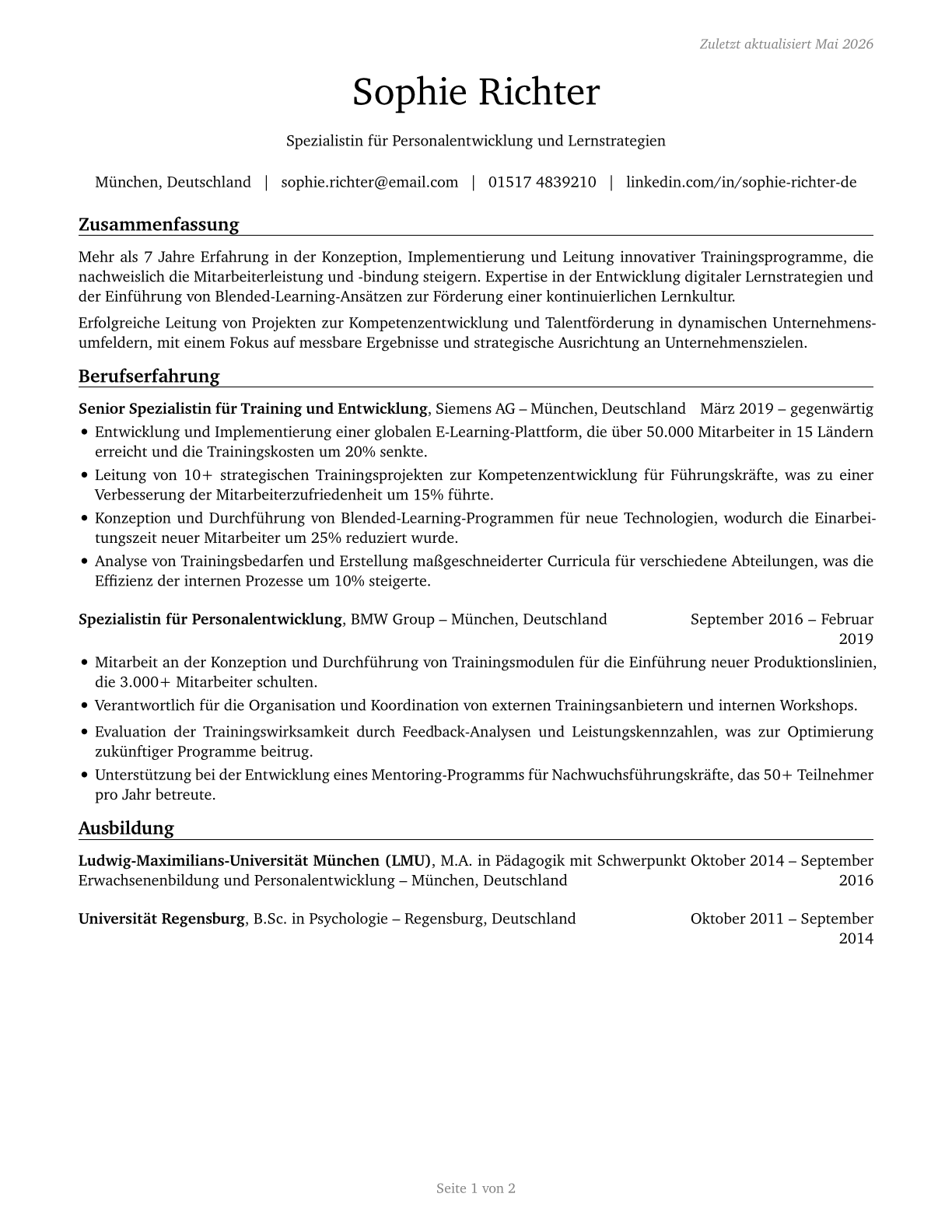 Training and Development Specialists CV in German — page 1
