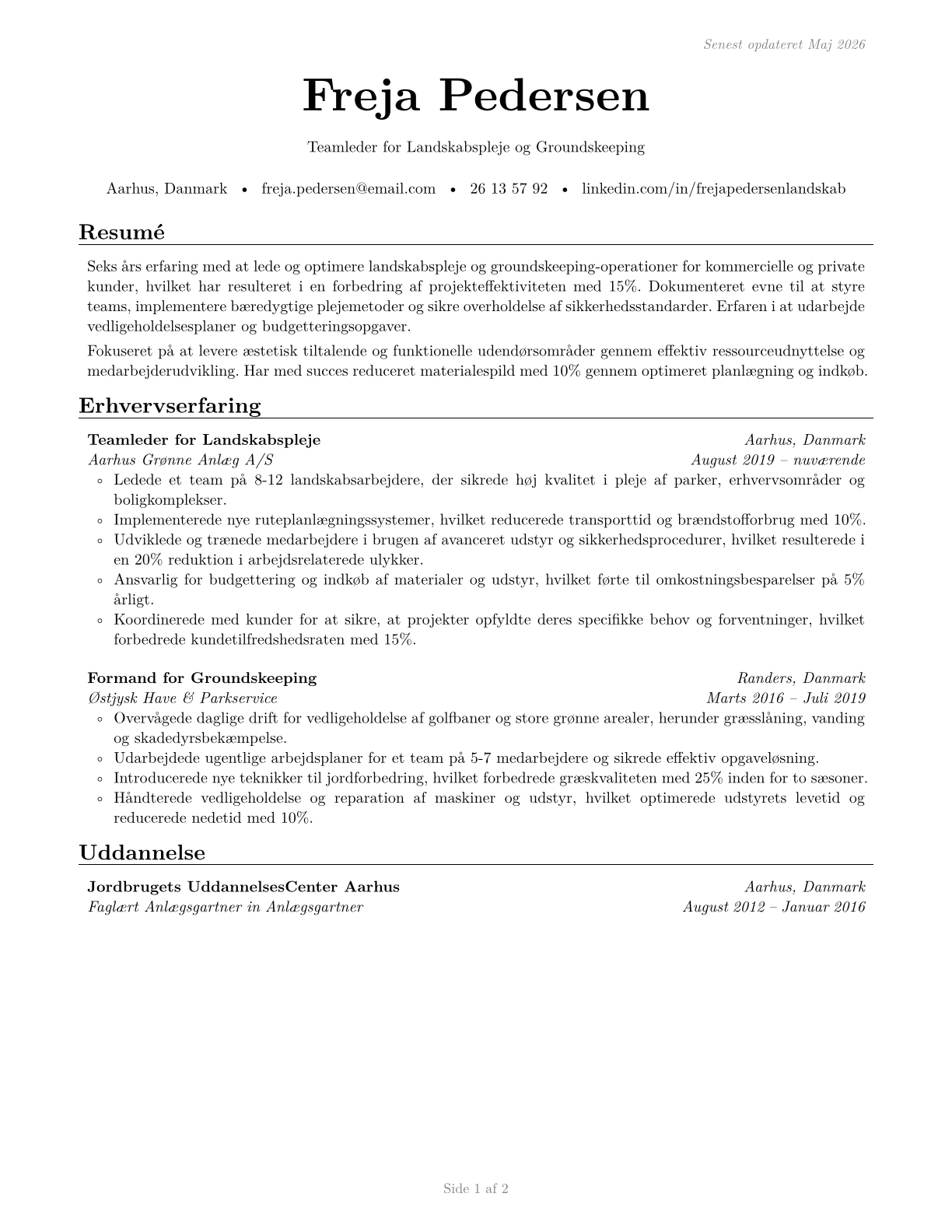 First-Line Supervisors of Landscaping, Lawn Service, and Groundskeeping Workers CV in Danish — page 1