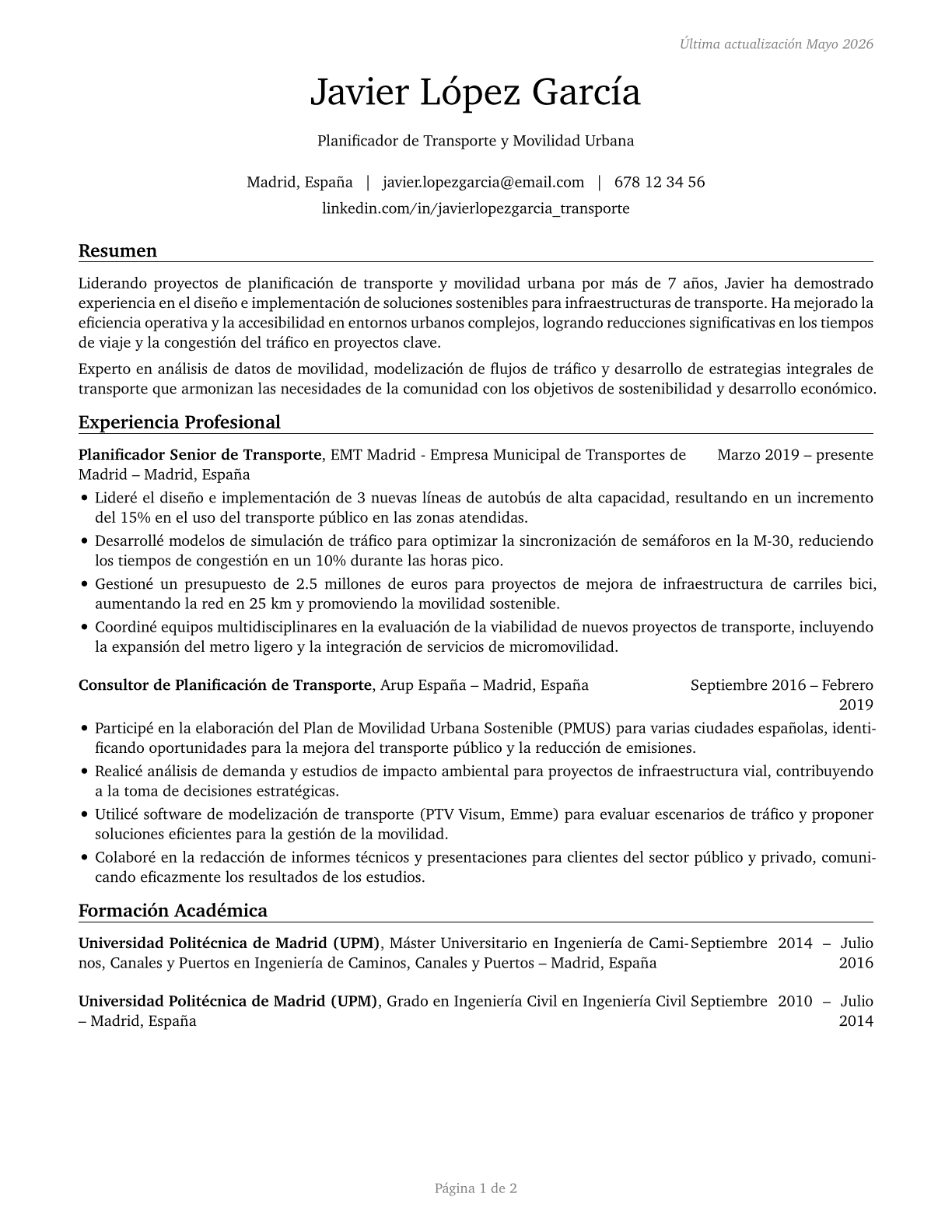 Transportation Planners CV in Spanish — page 1
