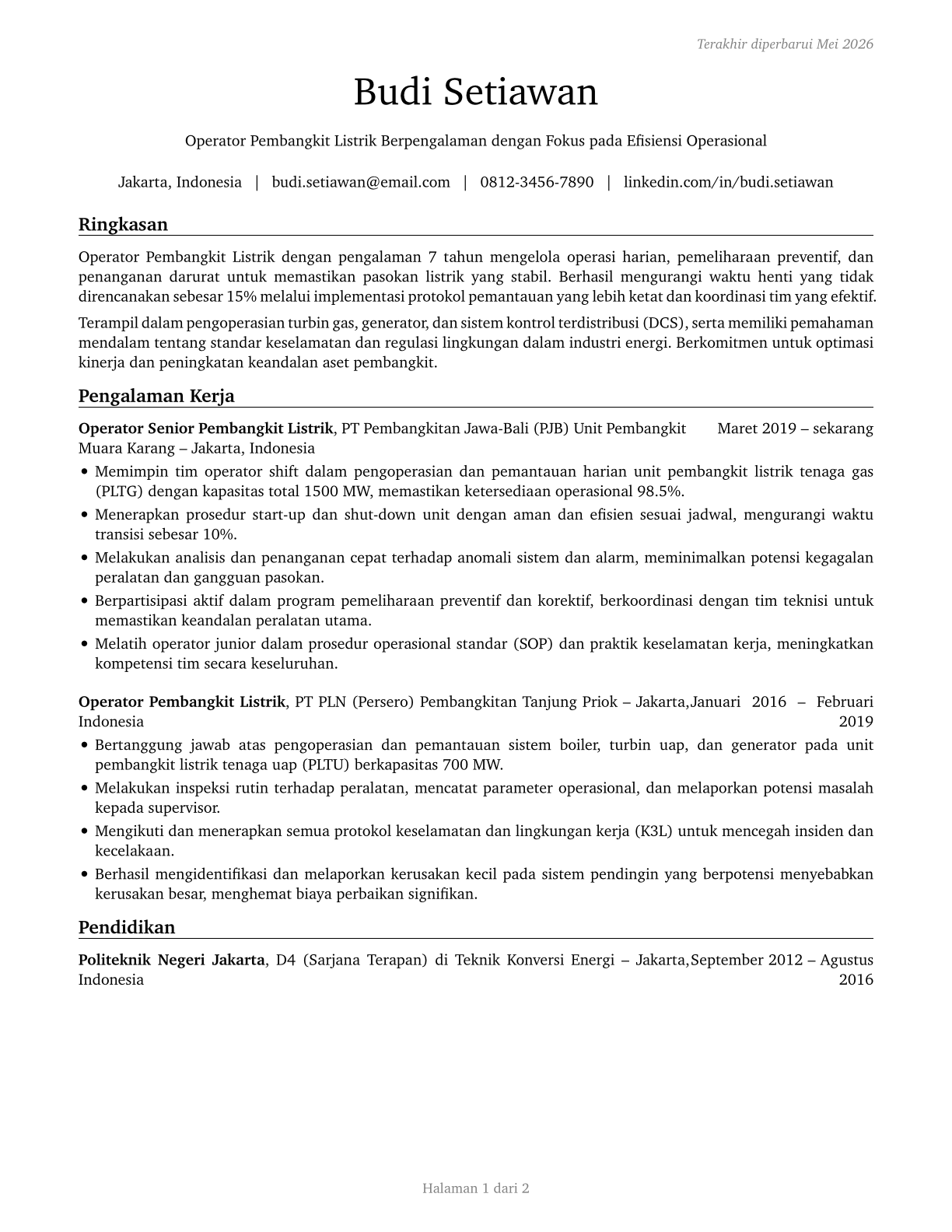 Power Plant Operators CV in Indonesian — page 1
