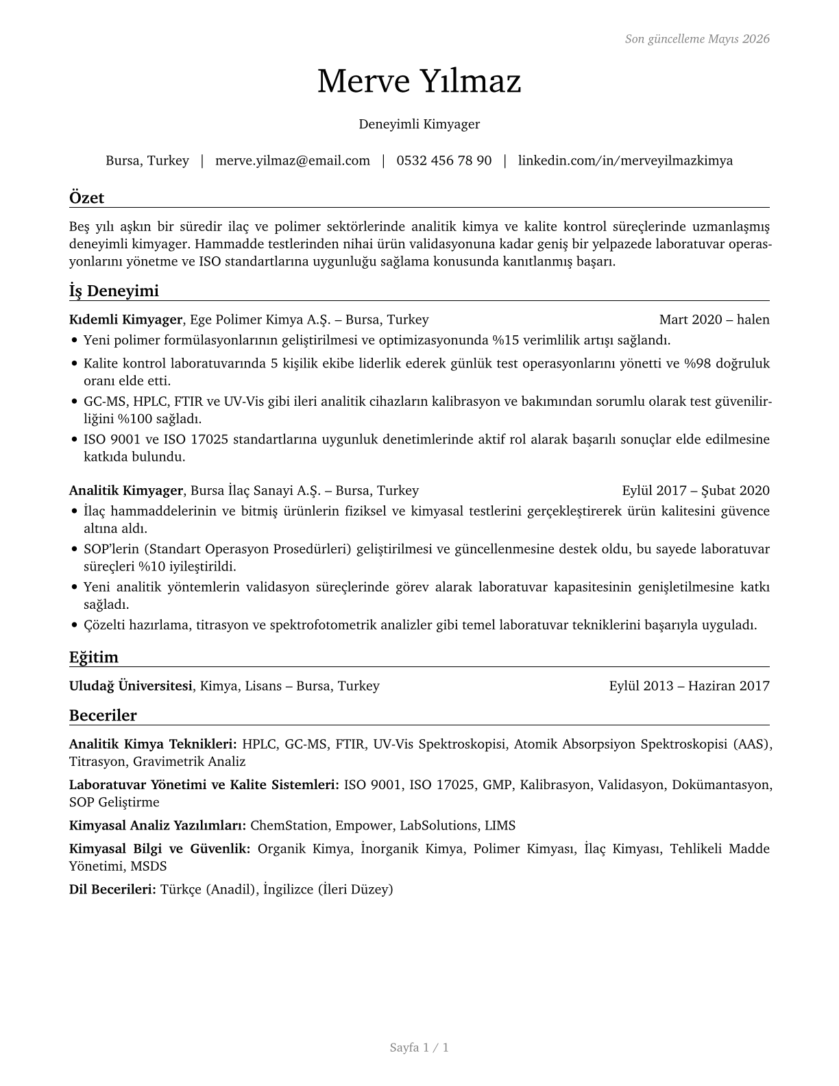 Chemists CV in Turkish — page 1